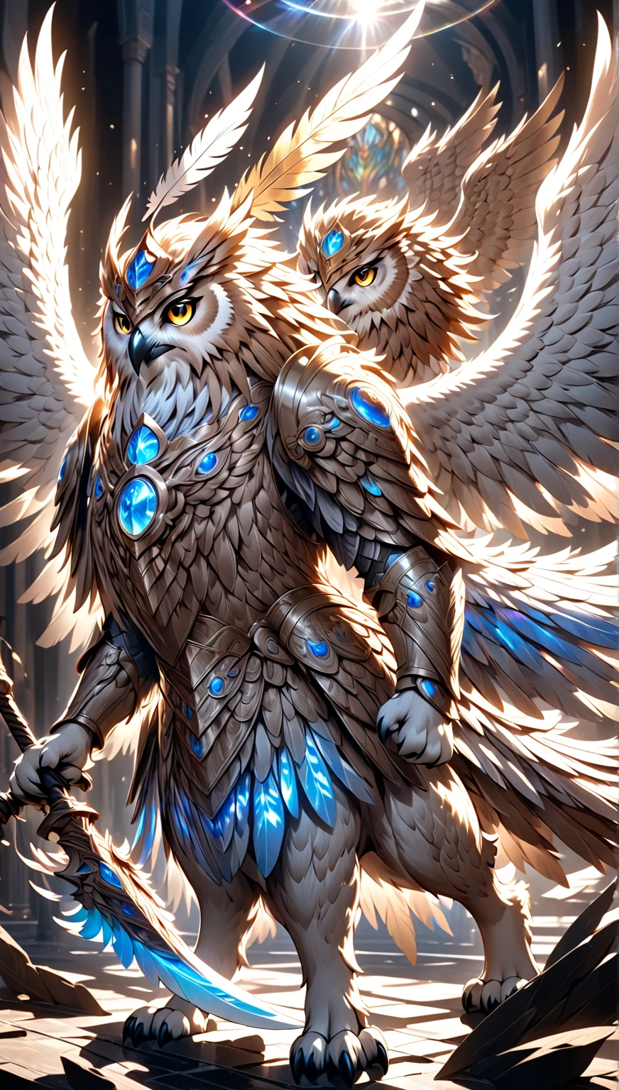  Fantastic Mythical Fantasy , Holy Knight,  owl head helmet , Owl feather decoration ,  cloak woven with owl feathers ,  owl wings growing from the body , , Griffon&#39;protection of,   BREAK Let's create a character that is aesthetically fused with Griffin,  Grant of Sacred Charm ,  Transparency to Maintain Originality ,  Dynamic Battle Moves ,  Warriors Established in Religious Art Societies , Colorful aura , :  Creating New Griffin-Themed Art ,  The concept is lion bravery and owl flight,  breathtakingly beautiful ,  Unprecedented Performance by Elephant Warriors ,  Textures on All Materials 、 Faithful and Delicate Expression ,  Pay attention to the details,  Anatomically Correct Balance ,  Metal Reflections and Shines , Photo Quality High Resolution ,  Extremely Dark Backgrounds to Highlight the Subject ,  Fighting Postures with Sacred Weapons ,  for aesthetic effects holographic lens flare, 