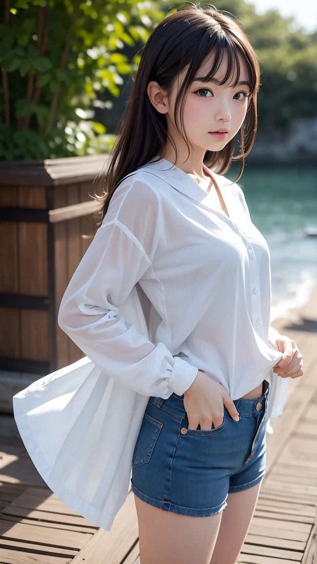 best quality, white skin, real human skin, (detailed fac), oval face, pores, ultra high res, (8k, RAW photo, photorealistic:1.4), 1girl, slim, (looking at viewer with a serene and goddess-like happiness:1.2), ( lipgloss, eyelashes, gloss-face, best quality, ultra highres, Broad lighting, natural shading), oversized jacket, fashion shirt,  cityscape,  <lora:EastAsiaDollLikeness_V4:0.8>