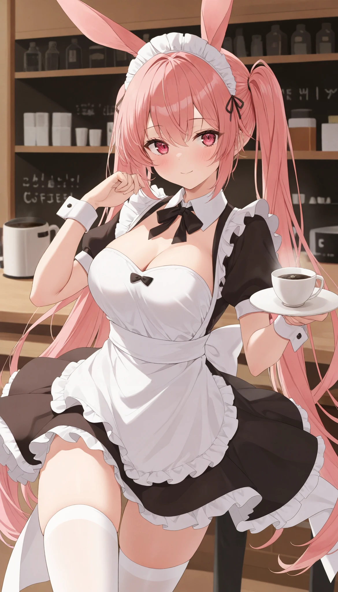 (((Best quality, 8k, Masterpiece: 1.3)), ((best quality)), ((masterpiece)), (detailed), perfect face, perfect body, (detailed skin:1.3), (intricate details), rabbit ears, maid, maid costume, maid apron, Taking a break in a cafe, coffee cup, drinking coffee