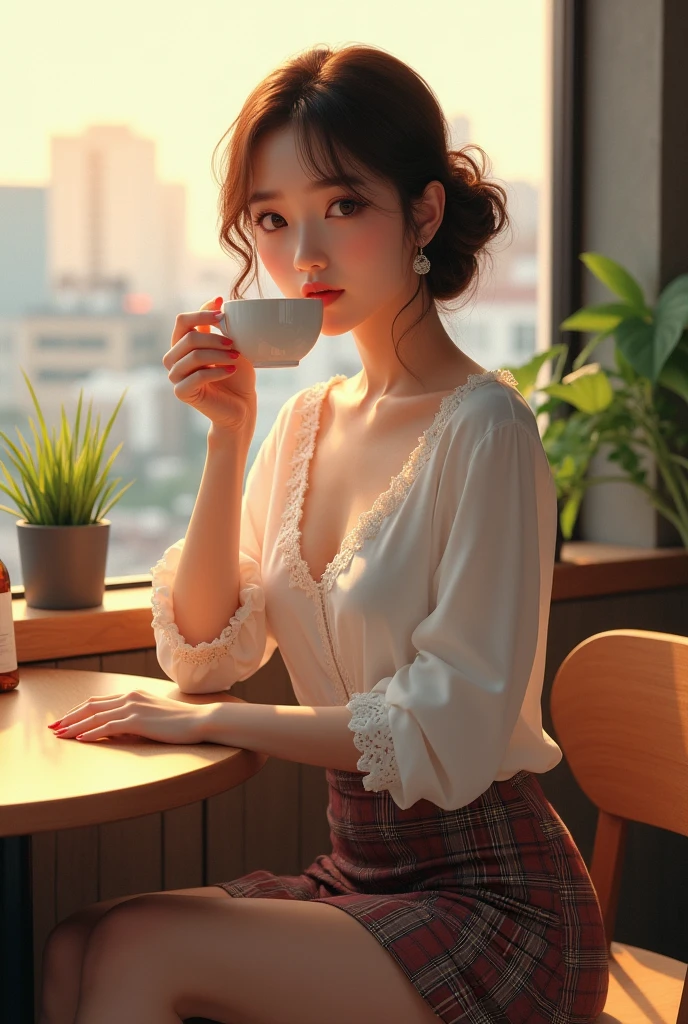 ((Best quality, 8k, Masterpiece: 1.3, raw photo)), Sharp focus: 1.2, (1 AESPA girl: 1.1), (realistic, photo-realistic:1.37), face focus, cute face, small breasts, flat chest, brunette short messy hair, sitting, white clothes, business skirt, office room, books, indoor lighting, cinematic lighting