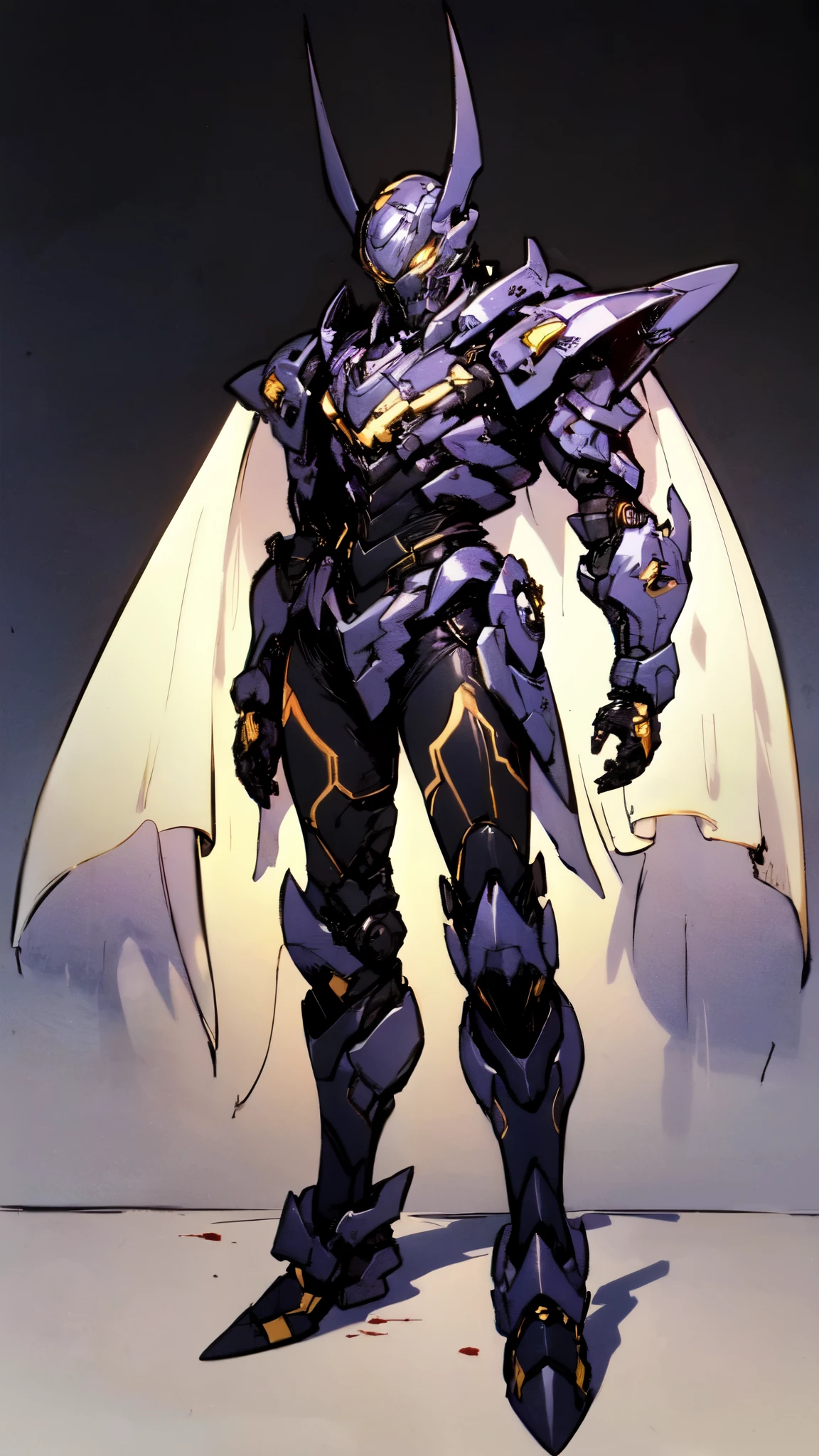 (masterpiece:1.5, best quality:1.5, extremely delicate:1.5), ((male:1.5)), a man wearing a full-face helmet, high-tech biomimetic armored combat suit, (a composite layered chest armor), the design balances heavy with agility, fully enclosed shoulder guards, matching arm and leg guards, a belt of gemstone, (the color scheme is primarily Yellow with Red and Purple accents, Organic Biotech, Concept Inspired by Vampire, glowing eyes, armor glows, huge cloak like devil wings, blood), stand of a futuristic sci-fi city, this character embodies a finely crafted fantasy-style armored hero in anime style, exquisite and mature art style, metallic, high definition, highres, ultra-detailed, ultra-fine painting, professional, perfect body proportions, golden ratio, anatomically correct, symmetrical face, extremely detailed eyes and face, high quality eyes, creativity, RAW photo, UHD, 32k, Natural light, cinematic lighting, (masterpiece-anatomy-perfect:1.2)