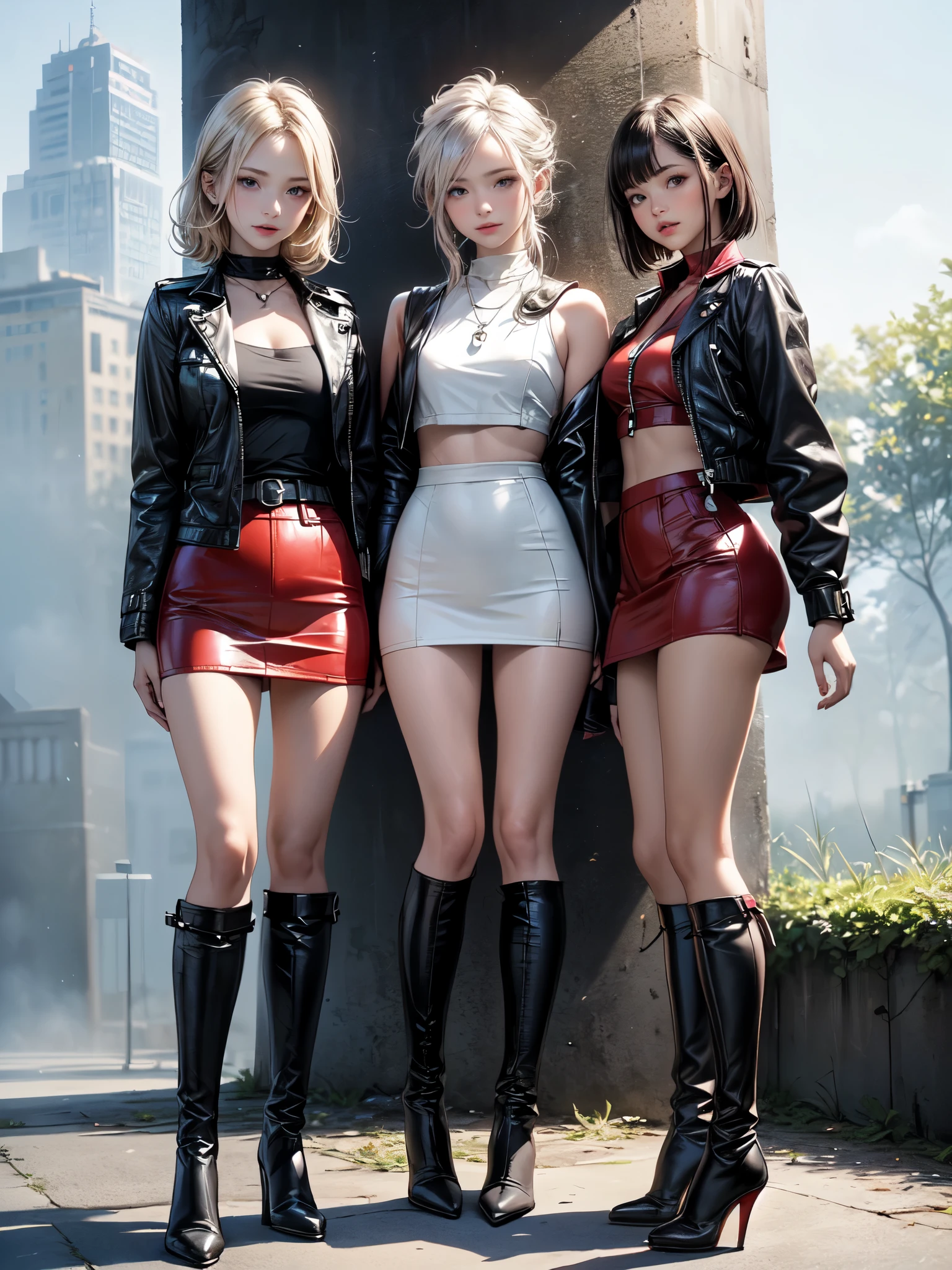 A model of full body 3d avatar of a 3 beautiful woman wearing 3 different outfits and shoes techno. Anime, best quality
