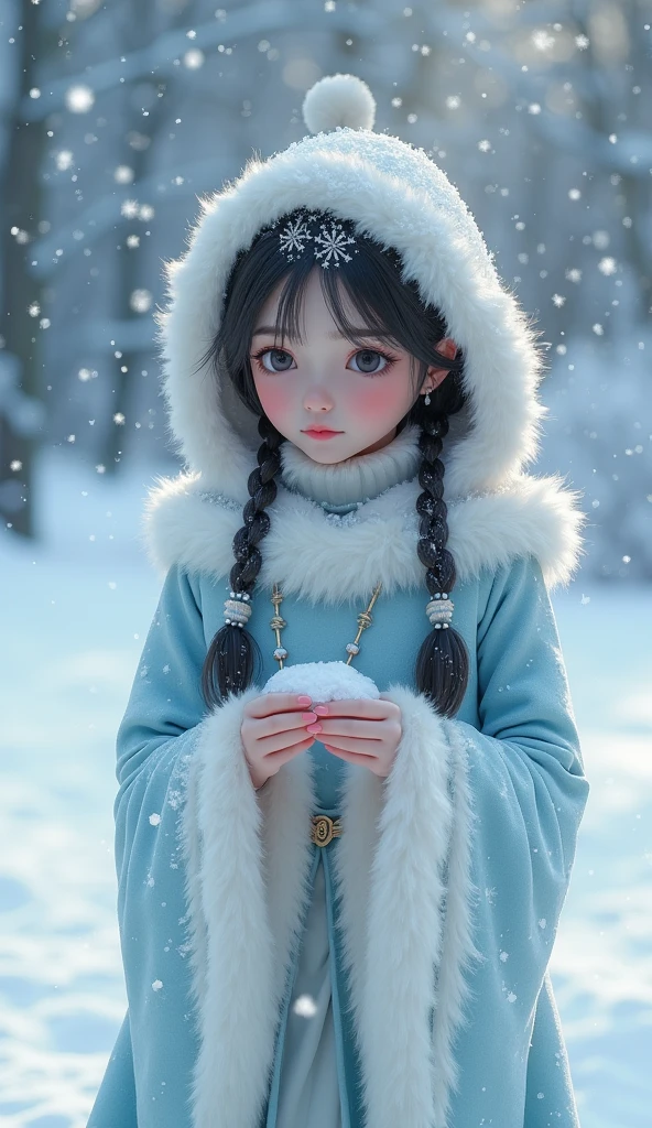 ((snowfield,snow scene)),((6year old girl:1.5)), random poses,With an angle that captures the whole body,complete anatomy,(((wide Blue headband ))), 1 girl,high eyes,tall eyes, natural light,(white fur ),(Sniper Stance) ,bouncing hair,Ainu folk costume,beautiful girl with fine details, Beautiful and delicate eyes, detailed face, Beautiful eyes, beautiful shining body,(snow mountain blue sky:1.5), (best quality:1.3), reflections, detailed background,(masterpiece), (8k quality:1.4), (ultra highres:1.2), (hyperrealistic:1.4), (photorealistic:1.2),outdoor lighting ,masterpiece, black hair, blue eyes, pale white skin, tiny body, slender body,