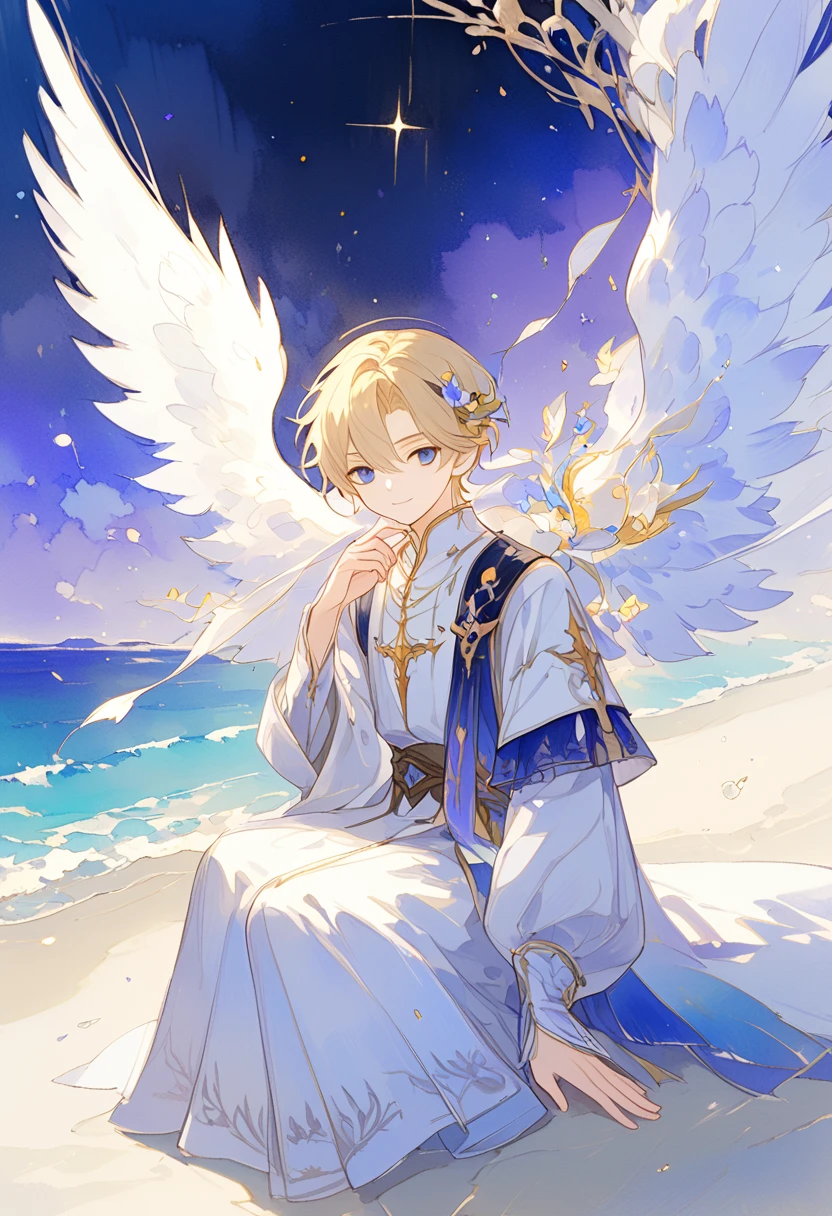  full body watercolor, A young angel man, Straight blonde hair,  blue eyes ,  white wings, Prince clothes , Medieval fantasy,  located in the lower right corner , low contrast watercolor , soft line ,  young man with a beautiful face , friendly, kind smile, cute,  extreme beauty , soft features, ethereal,  blue eyes , Blue eyes, Sitting on the beach watching a huge purple moon,  In the Starry Night 