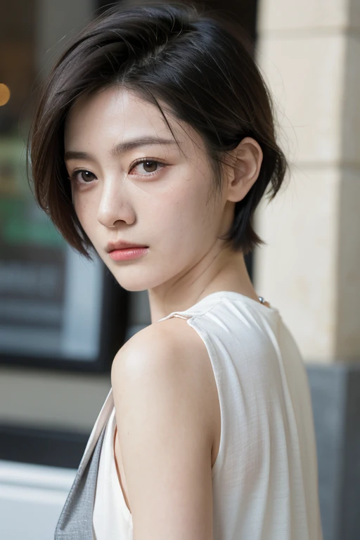 ((Realistic lighting, best quality, 8K, masterpiece: 1.3)), Be focused: 1.2, 1 Girl, Perfect body: 1.4, Slim abdominal muscles: 1.1, ((Dark brown hair)), (White cropped top: 1.4), (outdoor, night: 1.1), City Streets, Very delicate face, Beautiful eyes, Double eyelids,