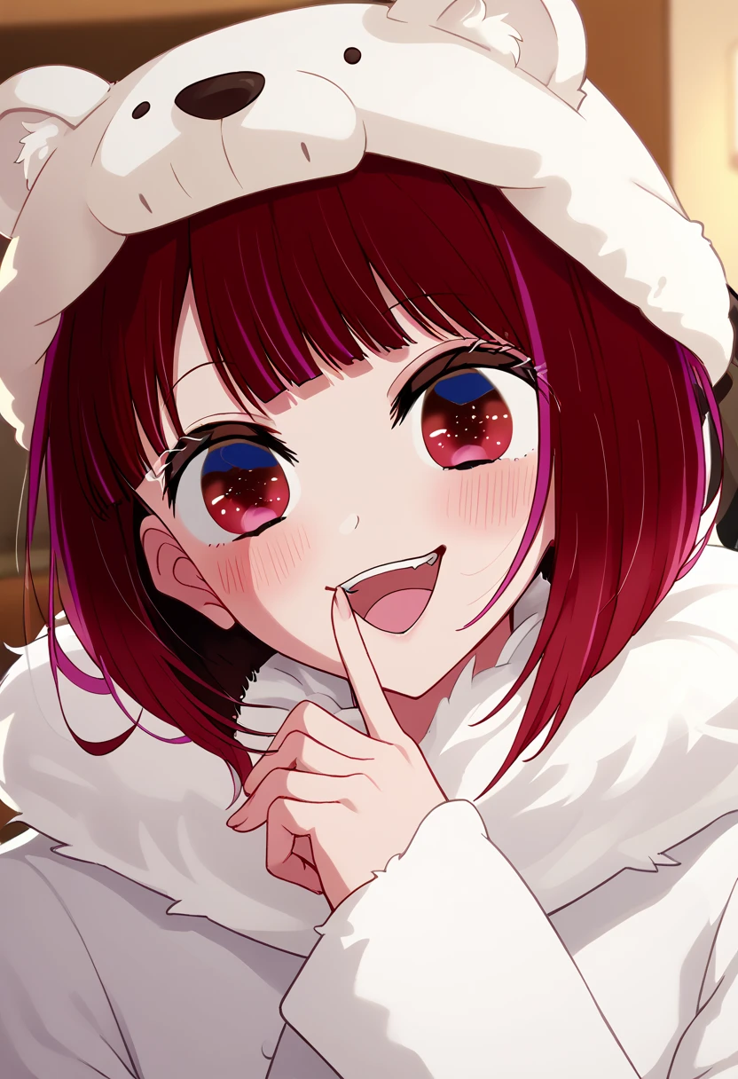 arimakana, fur hat , White Fur coat, smile, blush, score_7, score_8, score_9