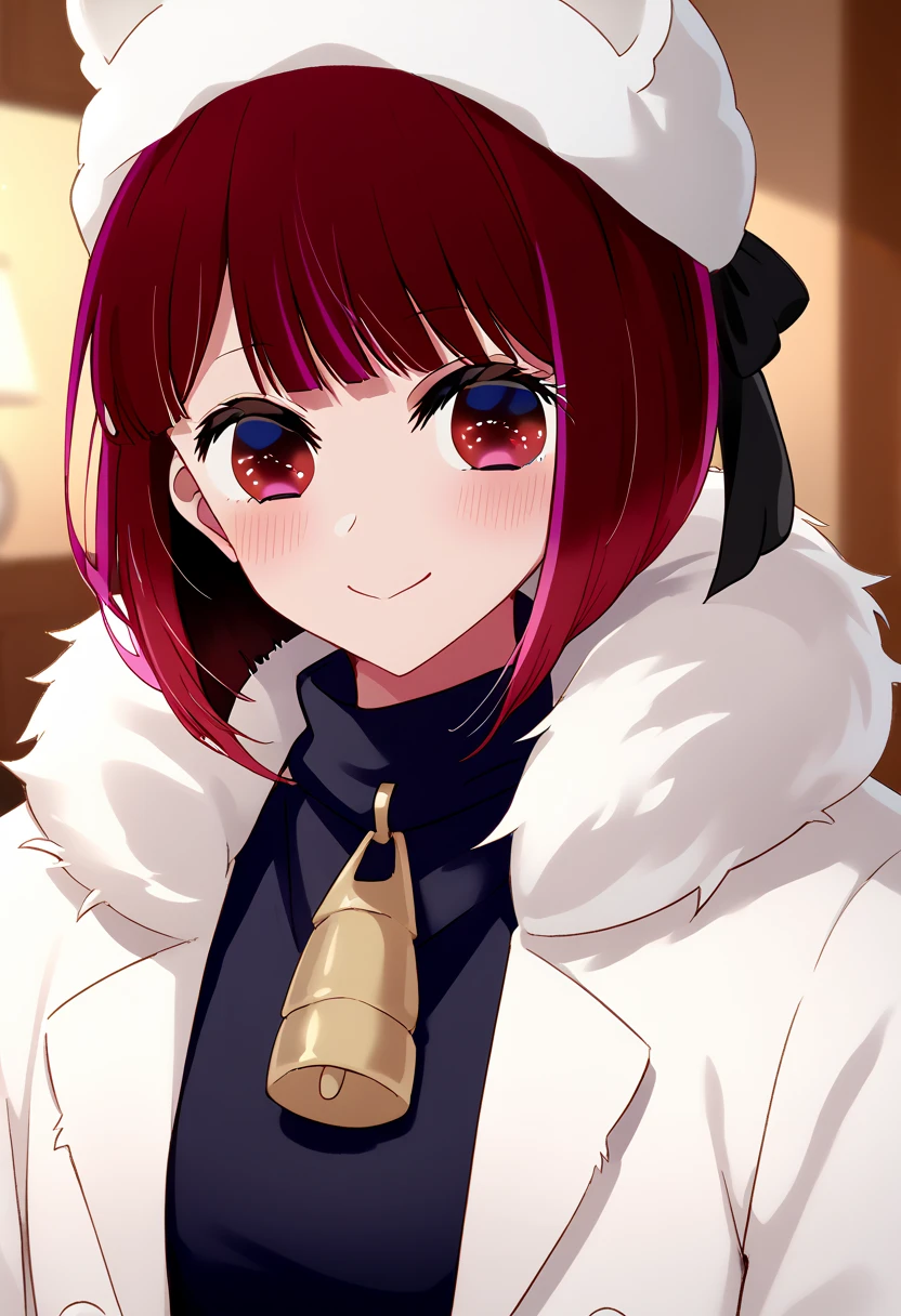 arimakana, fur hat , White Fur coat, smile, blush, score_7, score_8, score_9