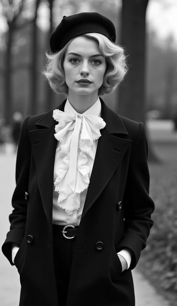 Black and White photographic, Front view, Full body , standing stylish model pose,  1930 years fashion ,American Actress is  Anne Hathaway, 30-age, blond classic hair,  dressed in male attire, black jacket,  middle skirt, white blouse with ruffles around the neck and sleeves, wearing a black beret hat.in Paris Park,  noon , ( super detailed,   High Details,  High Quality , Accurate,  anatomically correct , textured skin, beautiful fingers  super detailed,   High Details  ,  High Quality ,  High Quality )
