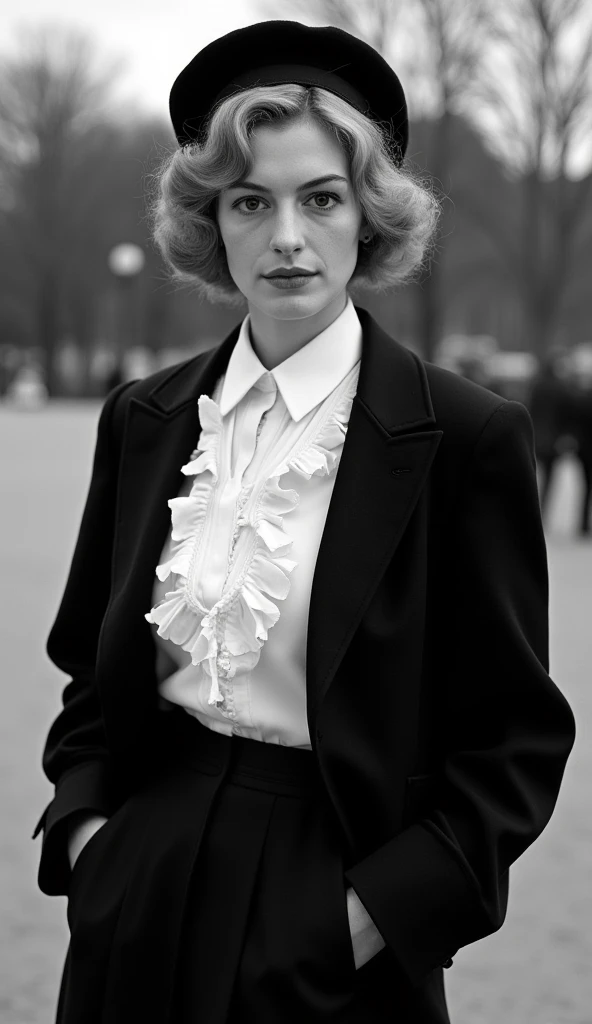 Black and White photographic, Front view, Full body , standing stylish model pose,  1930 years fashion ,American Actress is  Anne Hathaway, 30-age, blond classic hair,  dressed in male attire, black jacket,  middle skirt, white blouse with ruffles around the neck and sleeves, wearing a black beret hat.in Paris Park,  noon , ( super detailed,   High Details,  High Quality , Accurate,  anatomically correct , textured skin, beautiful fingers  super detailed,   High Details  ,  High Quality ,  High Quality )
