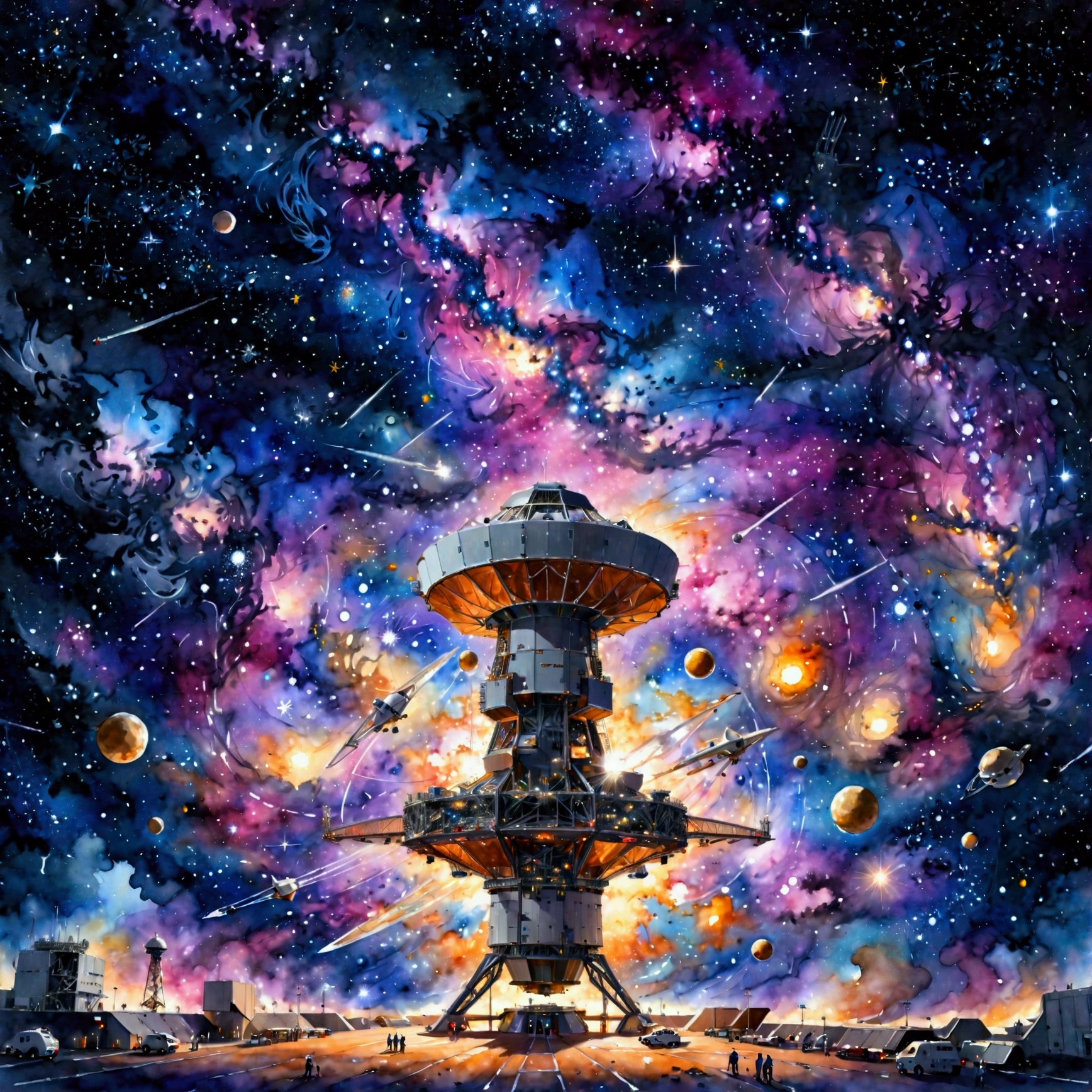 A watercolor-style illustration of a massive artificial satellite in space, featuring a bustling spaceport within its structure. The spaceport is filled with various spacecraft of different shapes and sizes, docked or preparing for departure. The interior of the spaceport is illuminated with a soft glow, blending metallic textures with vibrant, atmospheric light. Beyond the satellite's structure, the vastness of space stretches infinitely, dotted with countless stars and distant galaxies. The scene is dynamic yet serene, with delicate brushstrokes capturing the intricate details of the spacecraft, the soft luminosity of the stars, and the dreamlike atmosphere of this cosmic harbor, (watercolor style, massive artificial satellite, spaceport, various spacecraft, vibrant light, soft glow, metallic textures, stars, distant galaxies, dynamic, serene, delicate brushstrokes, dreamlike atmosphere, cosmic harbor)