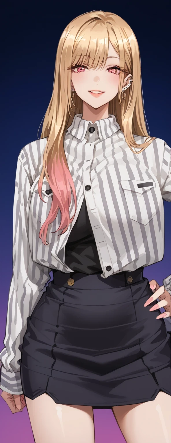 KJOmarin, blonde hair, long hair, pink eyes, earrings, ear piercing, multicolored hair, score_9, score_8_up, score_7_up, source_anime, masterpiece,best quality, huge breasts, flash gyaru,blonde_hair, 1girl, solo, long_hair, hair_over_one_eye, skirt, hand_on_hip, looking_at_viewer, black_skirt, parted_lips, gradient_background, gradient, jacket, long_sleeves, shirt, high-waist_skirt, cowboy_shot, striped, blue_background, smile, one_eye_covered, standing,