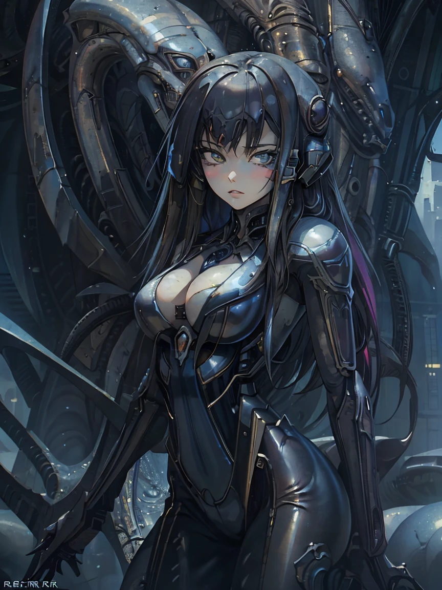  Future Girl. ( masterpiece fails,  top quality ,  best quality ,  official art,  beautiful and aesthetic :1.2),  extremely detailed ,( fractal art :1.2), Colorful ,The most detailed, ( dynamic pose), (H. r. Giger background :1.5), (lots of colors:1.4). (( Cleavage.  skin texture ,  Shiny skin . elegance.  photorealism .  unreal engine .  3d Model.  Ultra high quality textures .  high detail.  8k resolution))