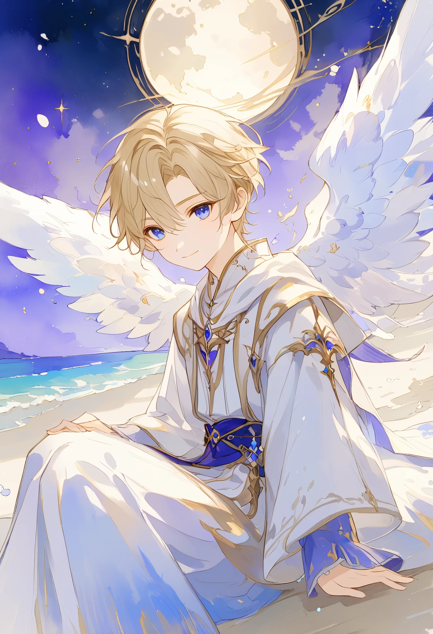 full body watercolor, A young angel man, Straight blonde hair,  blue eyes ,  white wings, Prince clothes , Medieval fantasy,  located in the lower right corner , low contrast watercolor , soft line ,  young man with a beautiful face , friendly, kind smile, cute,  extreme beauty , soft features, ethereal,  blue eyes , Blue eyes,  sitting on the beach watching a huge purple moon,  In the Starry Night 