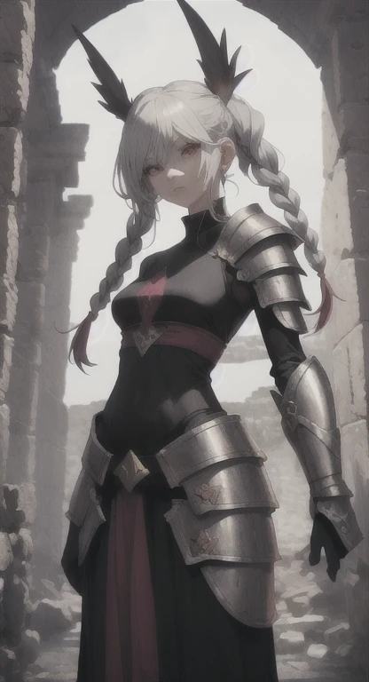 Ancient kingdom, priestess, guardian, silver hair, red eyes, bandit braids, looking at viewer, long messy hair, Yggdrasil temple, ancient Yggdrasil armor,