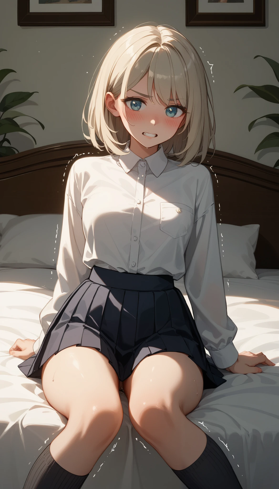  top quality,  Details,  beautiful 18 year old girl  , slim,( medium platinum blonde hair ),( long-sleeved white shirt, Mini Pleated Skirt ),(Me and happiness :0.6), sit on the bed, IN BED,Navy Socks、 high school girl、 gal、 shiny skin、Plump、Strong contrast of shadows 、 see here、Sweaty、 cinematic lighting、Downlight、dim、Open shirt、 small boobs、 excitement 、(Trembling、blush、Worried eyebrows)、 shy、 look down、gritting teeth、 shy、 Kudelia Aina Bernstein 、pubic hair、Exposing the lower body、 Constricted Waist 