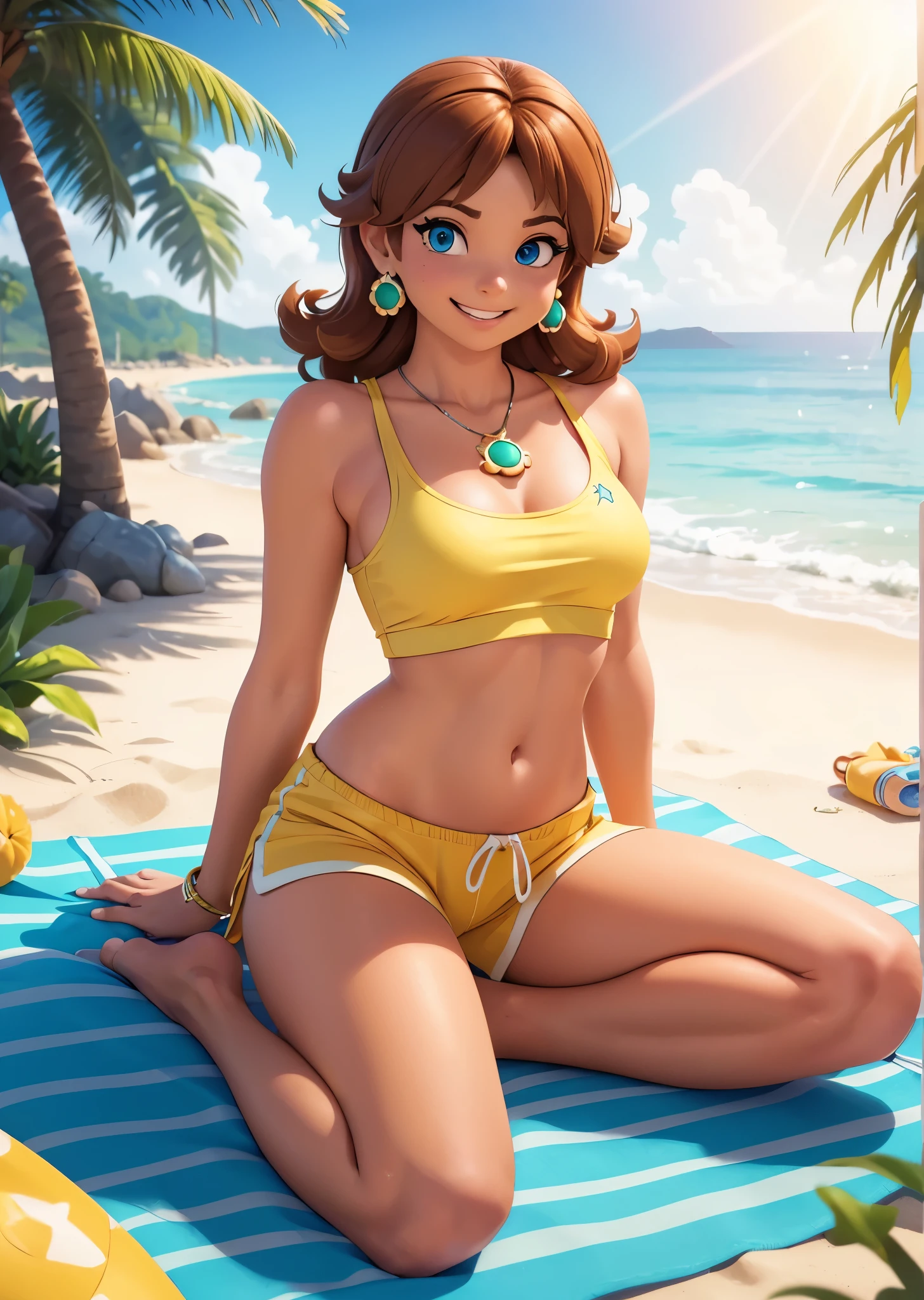 [Daisy_SM], [Princess Daisy], ((masterpiece)), ((HD)), ((high res)), ((solo portrait)), ((front view)), ((cartoon aesthetic)), ((photorealistic)), ((detailed soft shading)), ((beautiful rendering)), ((intricate details)), {(athletic figure), (brown tanned skin), (short brunette hair), (cute blue eyes), (small breasts), (toned body), (curvy hips), (beautiful legs), (defined feet), (cute excited grin)}, {(yellow tank top), (navel), (yellow lounge shorts), (green pendant earrings)}, {(sitting on beach towel), (looking at viewer)}, [ambient lighting, beach, sun rays]