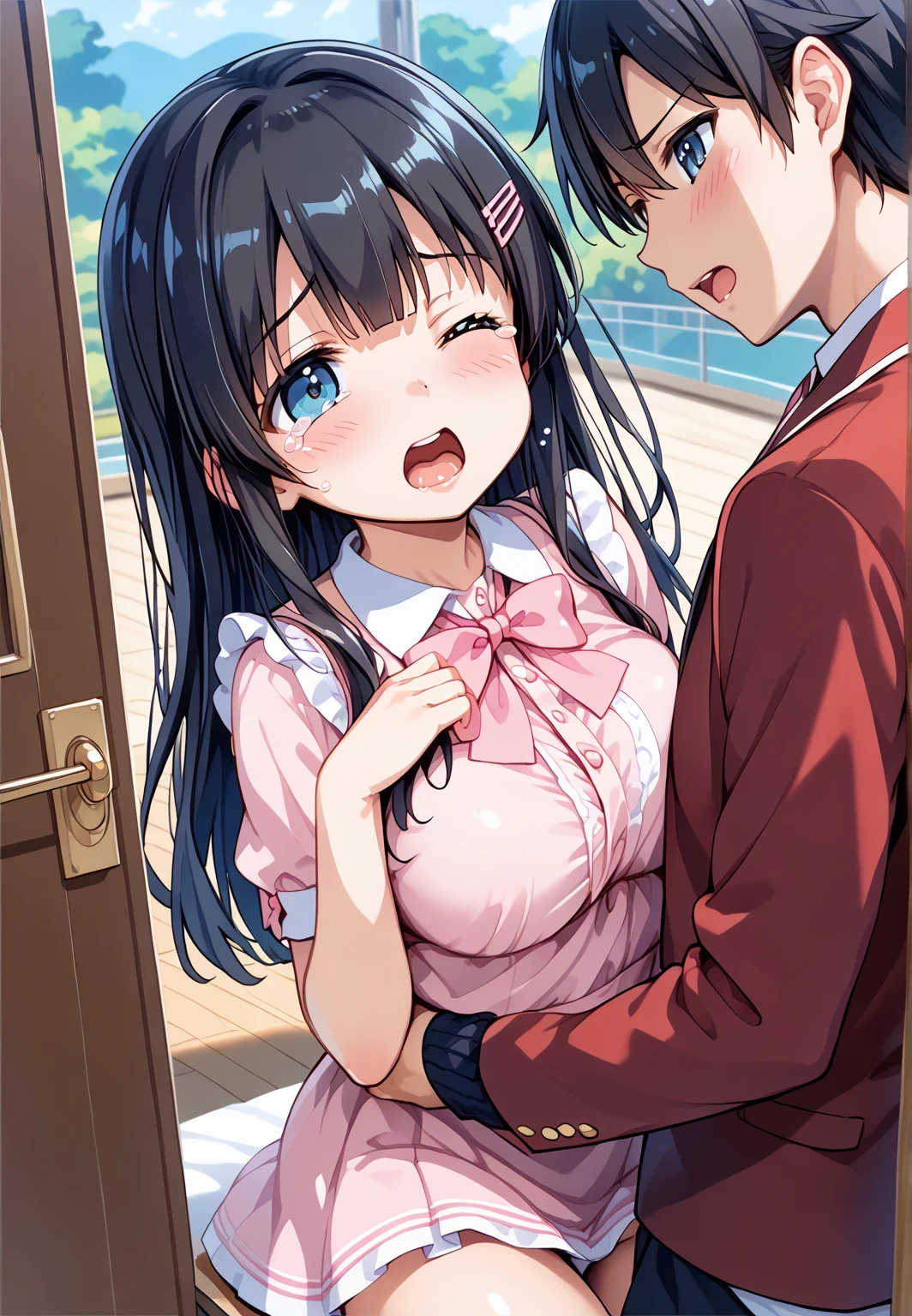 1girls, futanari, trap,  tiny girl, young girl, mesugaki, mesugaki smile, tidy, yoing lady, long hair, Black hair, short cut, micro bikini,frilled SKIRT, color, small breasts, big ass, thick thighs, Teasing, naughty looks, heart eyes, Lower arm, Focus on the girl, glossly skin, oily skin, Gravure, pinup, junior idols, image video, fellatio gestures, tongue sticking out, Drooling, Close up of face, bust up, Masterpiece:2, Top Quality, high Quality, Very Detailed, ultra  High Resolution, super High Resolution, Beautiful Detail, Dynamic angles, perfect lighting, 8k, Animation Style, cartoon style, game cg, 