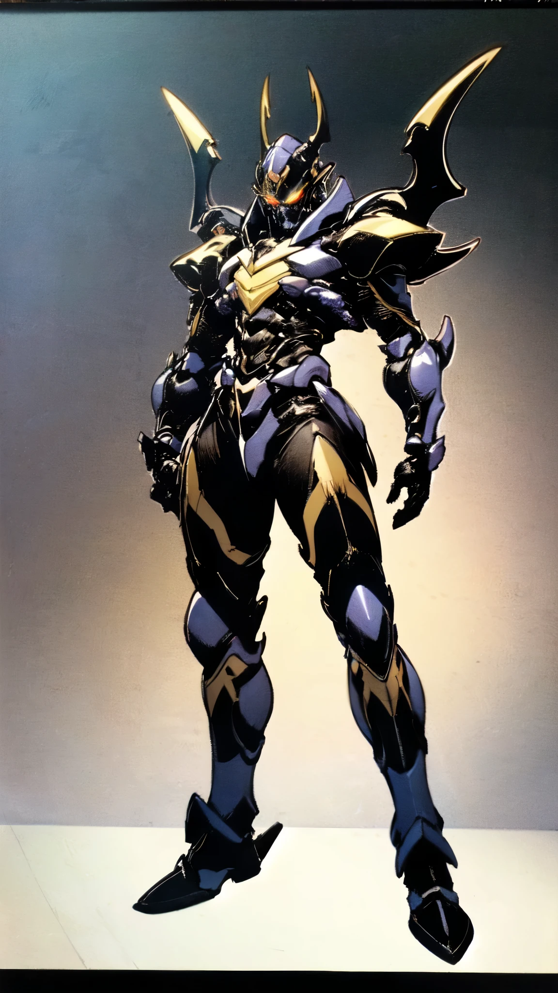 (masterpiece:1.5, best quality:1.5, extremely delicate:1.5), ((male:1.5)), a man wearing a full-face helmet, high-tech biomimetic armored combat suit, (a composite layered chest armor), the design balances heavy with agility, fully enclosed shoulder guards, matching arm and leg guards, a belt of gemstone, (the color scheme is primarily Yellow with Red and Purple accents, Organic Biotech, Concept Inspired by Vampire, glowing eyes, armor glows, huge cloak like devil wings, blood), stand of a futuristic sci-fi city, this character embodies a finely crafted fantasy-style armored hero in anime style, exquisite and mature art style, metallic, high definition, highres, ultra-detailed, ultra-fine painting, professional, perfect body proportions, golden ratio, anatomically correct, symmetrical face, extremely detailed eyes and face, high quality eyes, creativity, RAW photo, UHD, 32k, Natural light, cinematic lighting, (masterpiece-anatomy-perfect:1.2)