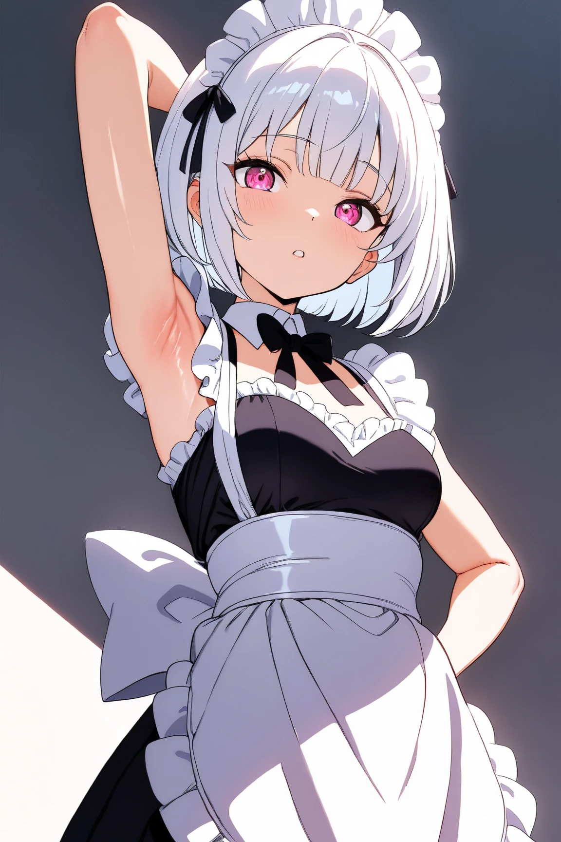 (masterprice, HDR, 2k, High Resolution) 1girl, bob cut, white hair, hypnotized expression, simple background, white appron, maid, short sleeveless, arm up, side armpits, armpits focus, more focus armpits, zoom armpits, very detailed armpits, armpit crease, armpits detailed, shiny armpits, detailed skin, anime art, Anime Style, Anime, Simple background.