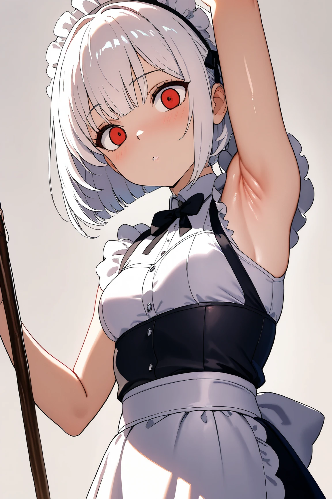 (masterprice, HDR, 2k, High Resolution) 1girl, bob cut, white hair, hypnotized expression, simple background, white appron, maid, short sleeveless, arm up, side armpits, armpits focus, more focus armpits, zoom armpits, very detailed armpits, armpit crease, armpits detailed, shiny armpits, detailed skin, anime art, Anime Style, Anime, Simple background.