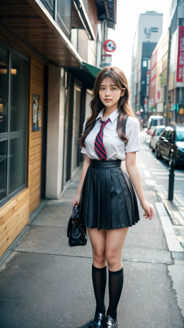 a beautiful 18 year old Japanese high school girl with perfect anatomy, healthy thighs, beautiful legs, beautiful skin, random hair color and style, large breasts, (wearing a Japanese schoolgirl uniform:1.3), (she is standing:1.2), penny loafers, holding a student bag, full body shot, standing on a city street, (best quality,4k,8k,highres,masterpiece:1.3),(extremely detailed:1.2),photorealistic,ultra-detailed,vivid colors, studio lighting, professional, Kasumi Arimura