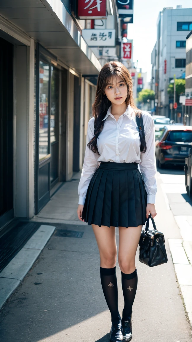 a beautiful 18 year old Japanese high school girl with perfect anatomy, healthy thighs, beautiful legs, beautiful skin, random hair color and style, large breasts, (wearing a Japanese schoolgirl uniform:1.3), (she is standing:1.2), penny loafers, holding a student bag, full body shot, standing on a city street, (best quality,4k,8k,highres,masterpiece:1.3),(extremely detailed:1.2),photorealistic,ultra-detailed,vivid colors, studio lighting, professional, Kasumi Arimura