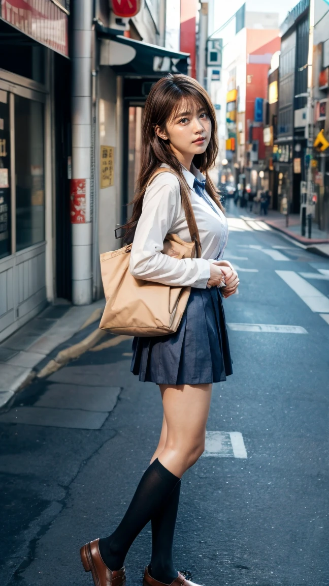 a beautiful 18 year old Japanese high school girl with perfect anatomy, healthy thighs, beautiful legs, beautiful skin, random hair color and style, large breasts, (wearing a Japanese schoolgirl uniform:1.3), (she is standing:1.2), penny loafers, holding a student bag, full body shot, standing on a city street, (best quality,4k,8k,highres,masterpiece:1.3),(extremely detailed:1.2),photorealistic,ultra-detailed,vivid colors, studio lighting, professional, Kasumi Arimura