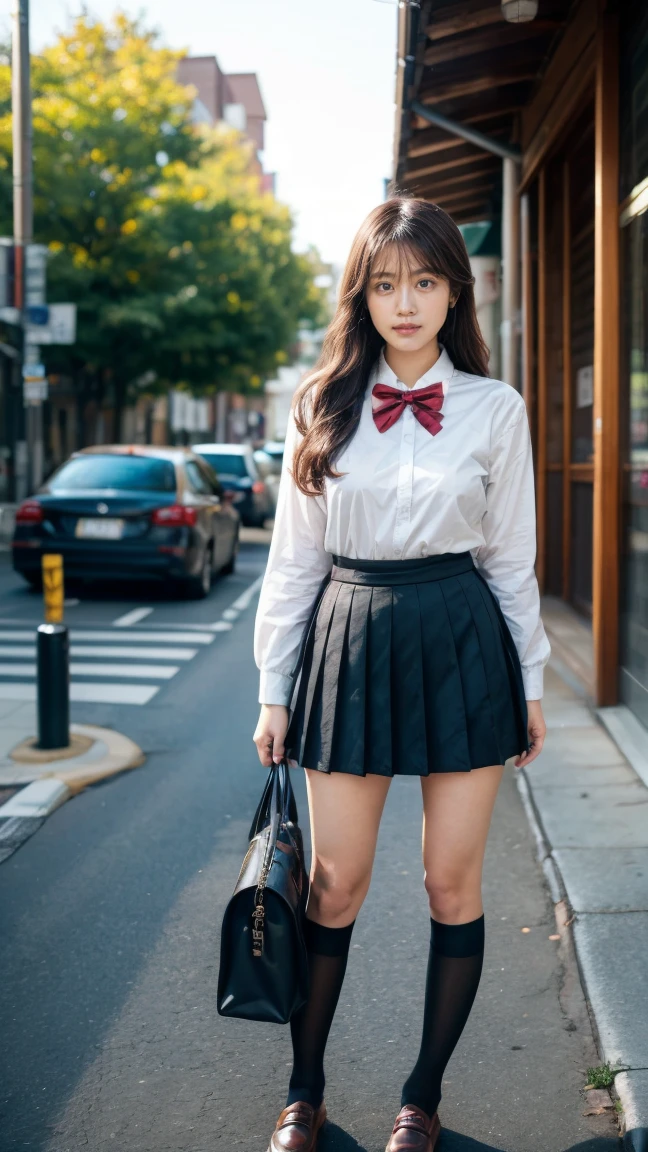 a beautiful 18 year old Japanese high school girl with perfect anatomy, healthy thighs, beautiful legs, beautiful skin, random hair color and style, large breasts, (wearing a Japanese schoolgirl uniform:1.3), (she is standing:1.2), penny loafers, holding a student bag, full body shot, standing on a city street, (best quality,4k,8k,highres,masterpiece:1.3),(extremely detailed:1.2),photorealistic,ultra-detailed,vivid colors, studio lighting, professional, Kasumi Arimura