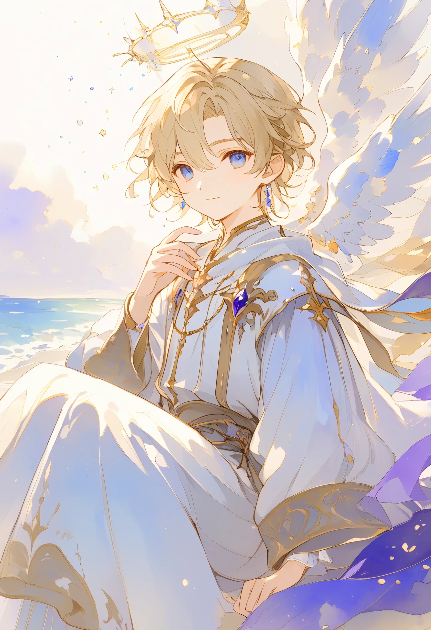 full body watercolor, A young angel man, Straight blonde hair,  blue eyes ,  white wings, Prince clothes , Medieval fantasy,  located in the lower right corner , low contrast watercolor , soft line ,  young man with a beautiful face , friendly, kind smile, cute,  extreme beauty , soft features, ethereal,  blue eyes , Blue eyes,  sitting on the beach watching a huge purple moon,  In the Starry Night 