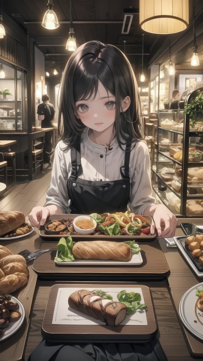 sakuragi mano （ Idolmaster ）、１８Beautiful girl、 top quality、4k、８k、 Masterpiece、 super detailed、 high definition 、 Highly Detailed CG、 official art、 black idol costume、 black pleated skirt 、Restaurant、 coffee shop、 branded coffee specialty store 、 coffee beans 、flower arrangement、 bread lined up 、 sit in your favorite seat 、 coffee and bread 、In a salad、 coffee lined up at the table 、 coffee with one hand 、 smell coffee 、 happy moment with salad 、