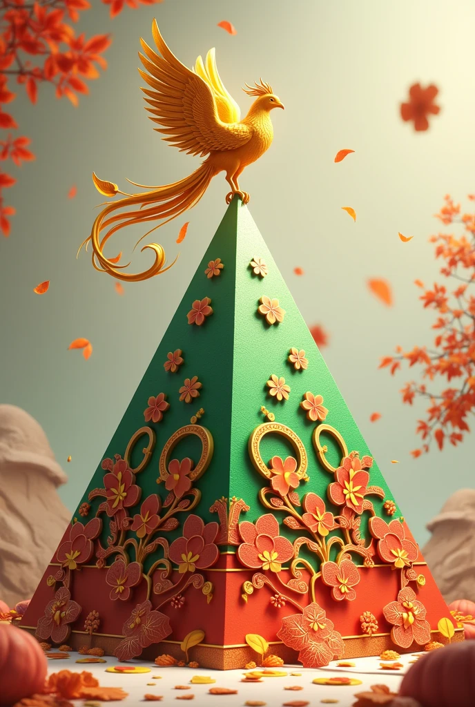 A green and red pyramid with all lucky symbols ,lucky leaves and horse shoe around  the pyramid and a golden pheonix on top of pyramid. The background must be ash colour