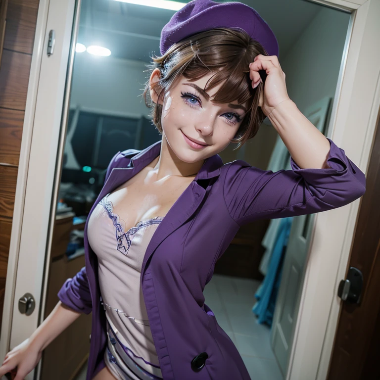 (1 lady), (Best quality at best:1.4), (ultra - detailed), (extremely detailed CG unified 16k), A Beautiful Woman with Perfect Figure: 1.4, Sharp Focus: 1.2, purple hair, very detailed, High-definition RAW color photo, professional photoshooting, amazing face and eyes, cosmetics, standing, (amazingly beautiful girl), ((rena ryuuguu)), ((beret, black thighhighs, bow, bowtie, dress over brassiere, hat, puffy short sleeves, puffy sleeves, purple bow, purple bowtie, short sleeves, thighhighs, white dress, zettai ryouiki)), (looking cute, immerse in her own thoughts expression), (City park, extremely detailed background, realistic background, first date vibes), (frontal photo), realistic cinematic face, head to feet long wide zoomed out view, full body long view, head to shoes, photorealistic, ((realistic natural orange hair style, short hair, blue eye)), gorgeous, extremely beautiful face, pretty face, delicate girl, (attractive body, fit woman, big girl, athletic body, strong female), perfect model beauty, pout mouth, Highly Detailed Face and Skin Texture, Detailed Eyes, Double Eyelids, Medium size breasts, shy but motivated expression, (masterpiece), best quality, high resolution, extremely detailed, cinematic lighting, amazing legs, clear and well-cared skin, (milky pale skin, white skin like milk), official dior editorial, trending on pinterest, dreamy, aesthetic, ((style raw))