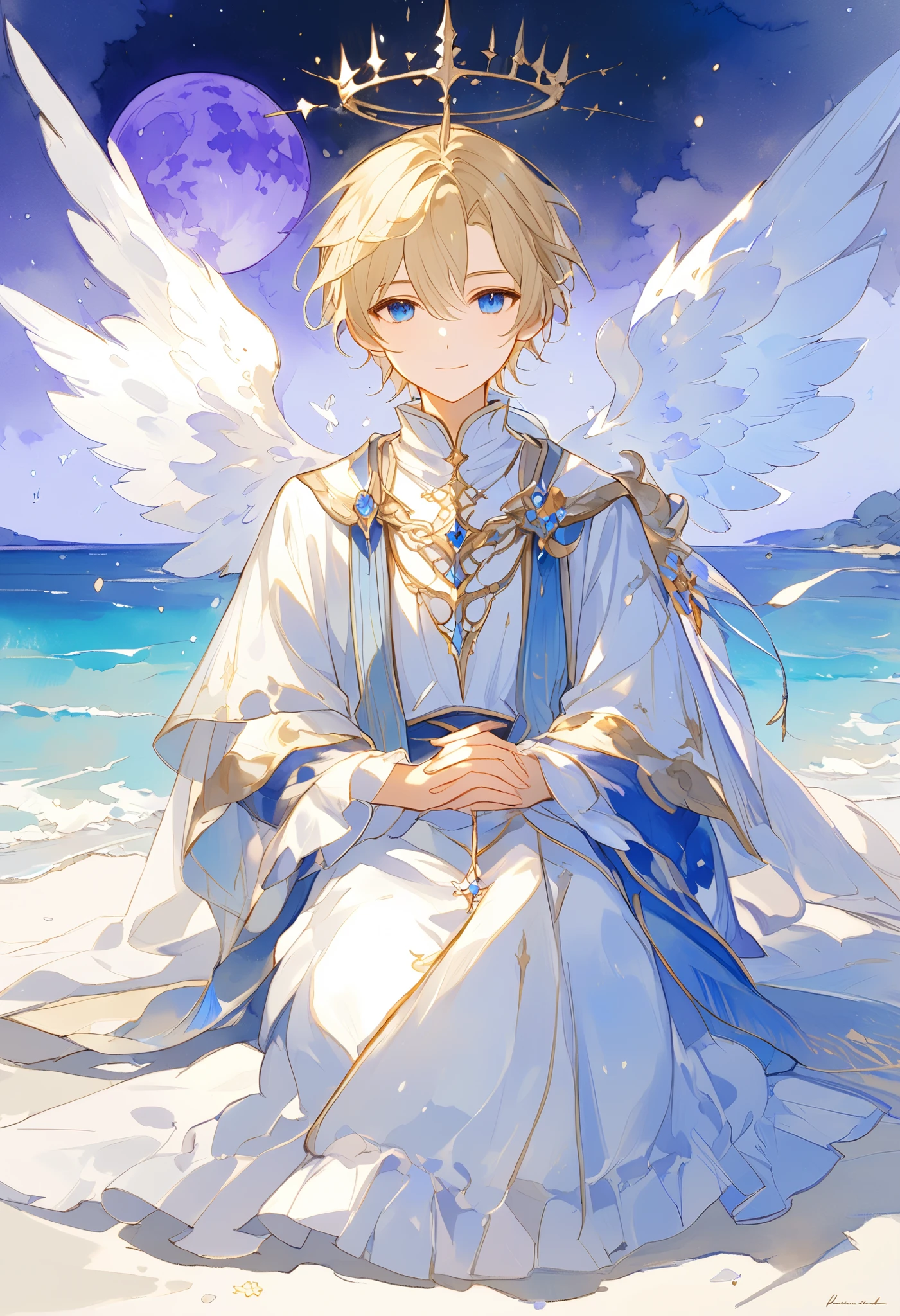  full body watercolor, A young angel man, Straight blonde hair,  blue eyes ,  white wings, Prince clothes , Medieval fantasy,  located in the lower right corner , low contrast watercolor , soft line ,  young man with a beautiful face , friendly, kind smile, cute,  extreme beauty , soft features, ethereal,  blue eyes , Blue eyes, sitting on the beach by the sea ,  watching a huge purple moon,  In the Starry Night 