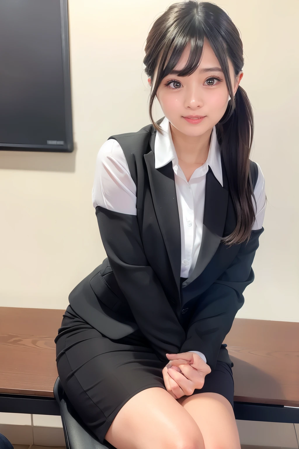 Single young woman wearing Japanese office uniform taking realistic photos, beautiful face、 ponytail、 japanese office uniform 、Black vest、 Black Pencil Skirt ,Short sleeve、Wearing a name tag、 beautiful big eyes、makeup、Thin legs、 nasty smiles 、 RAW photo, ( top quality、 Masterpiece :1.2), , super detailed, realistic skin texture,lure、