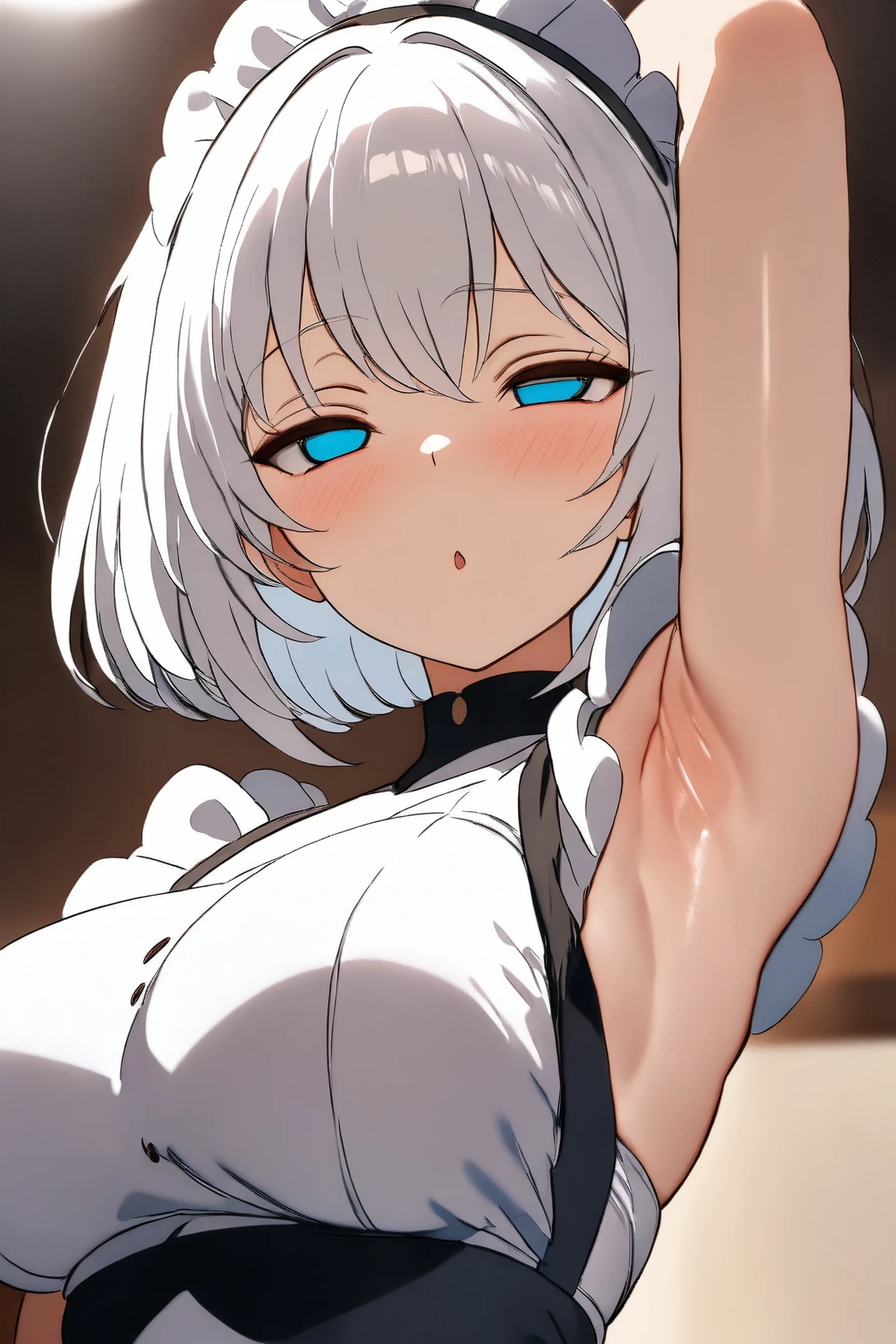 (masterprice, HDR, 2k, High Resolution) 1girl, bob cut, white hair, hypnotized expression, lazy expression, simple background, white appron, maid, short sleeveless, arm up, side armpits, armpits focus, more focus armpits, zoom armpits, very detailed armpits, armpit crease, armpits detailed, shiny armpits, detailed skin, anime art, Anime Style, Anime, Simple background.