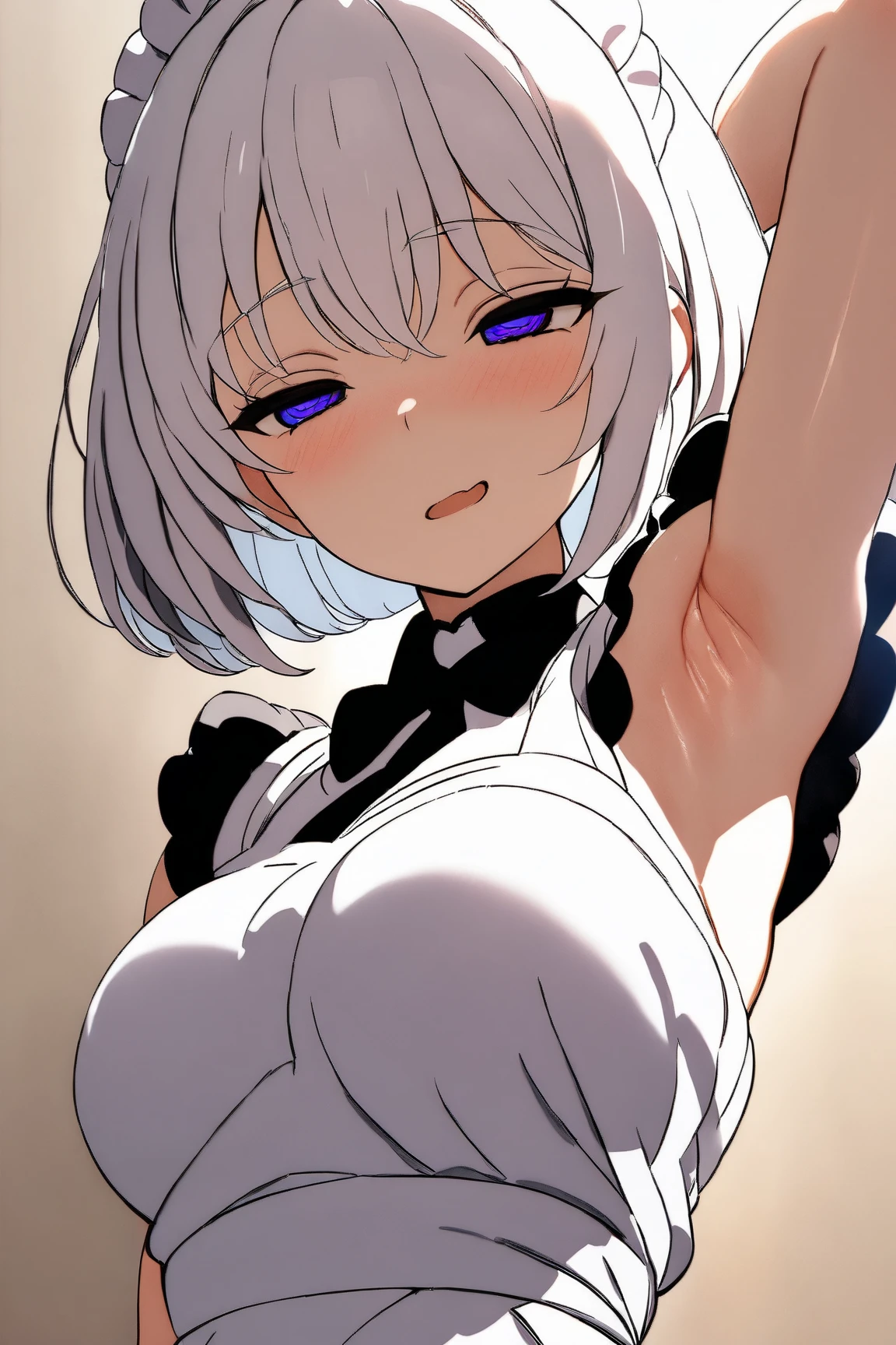 (masterprice, HDR, 2k, High Resolution) 1girl, bob cut, white hair, hypnotized expression, lazy expression, simple background, white appron, maid, short sleeveless, arm up, side armpits, armpits focus, more focus armpits, zoom armpits, very detailed armpits, armpit crease, armpits detailed, shiny armpits, detailed skin, anime art, Anime Style, Anime, Simple background.