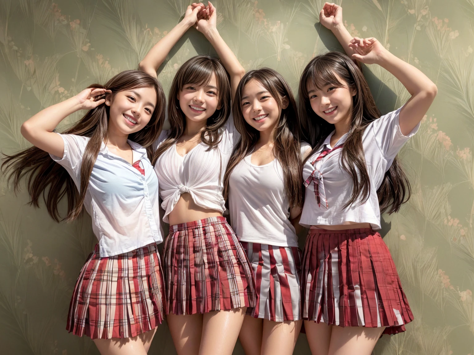 Best-quality, Masterpiece, Ultra-High-Resolution, (Photorealistic:1.4), Raw-Photo, Extremely-Details, Perfect-Anatomies, 3-girls, all 18-years-old and Japanese high-school students, the most popular Japanese idol, the most popular Japanese actress, the most popular Japanese model, (all having a lot of fun at school-life), all different faces, all extremely cute face like the most popular Japanese idolsxenon, all extremely beautiful big-eyes, all extremely beautiful and each different colored hair, all extremely beautiful skins, (((all wearing matching Japanese high-school uniform))), all innocent-smile, all dynamic-pose, all extremely beautiful realistic- fingers, extremely beautiful hands