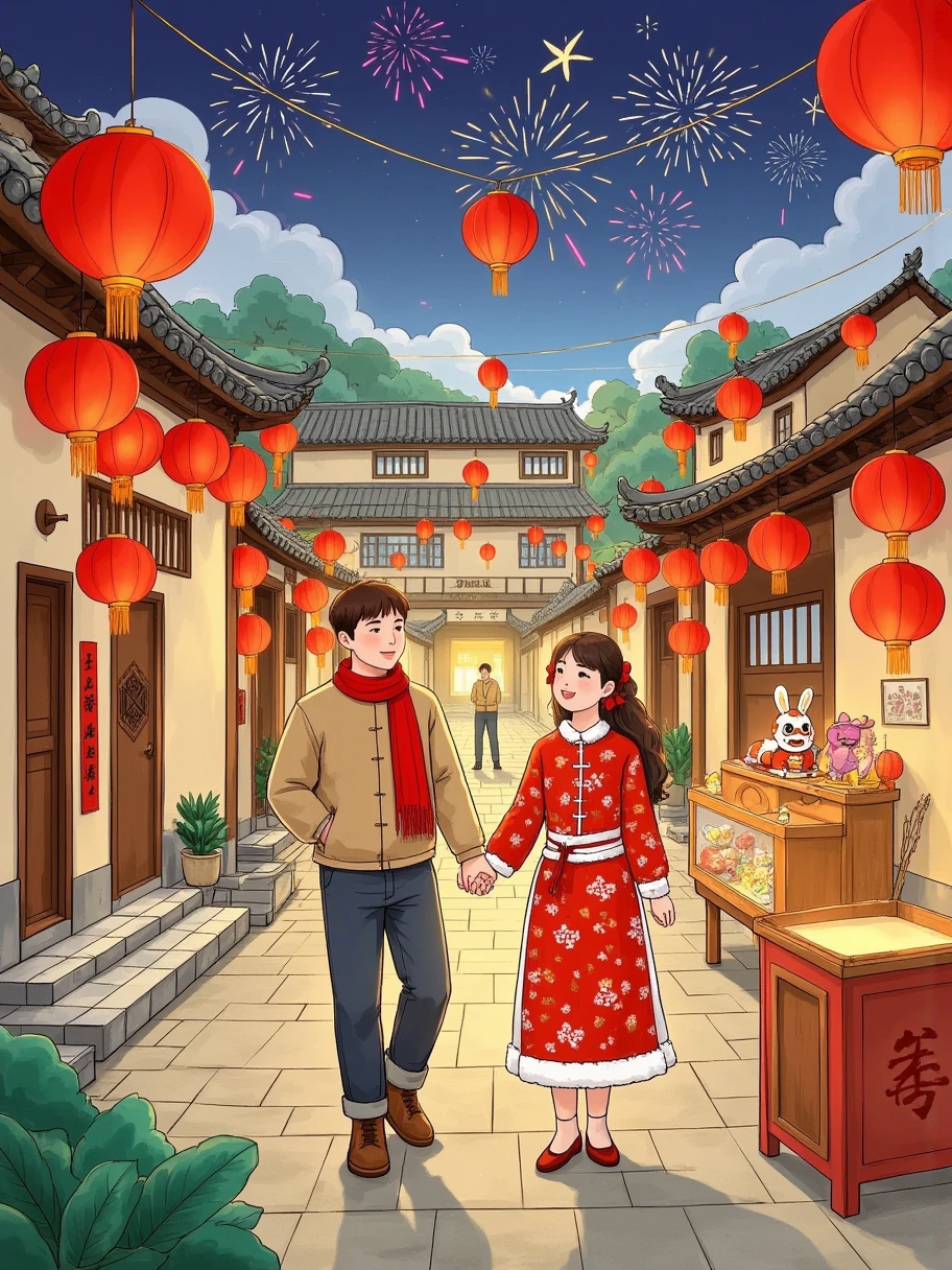 In a vector style illustration, ， depicts a small courtyard in the countryside 。Spring Festival、 Young Couples 、Traditional Streets 、Red Lantern、Fashion、Red Scarves 、cap、child、firecracker、smoke、 Balloon Stalls 、bunny balloon、square、 Lion Dance、Sound of gongs and drums 、fireworks、Make a Wish、Ancient buildings、couplet、Lucky characters、Window paper-cuts、romantic、happiness、 Innocent Fun 。。 The whole picture is full of serenity and joy ，体现了中国乡村Spring Festival的祥和与热闹， perfectly blends traditional and modern vector styles， shows the unique charm of the Chinese Lunar New Year 