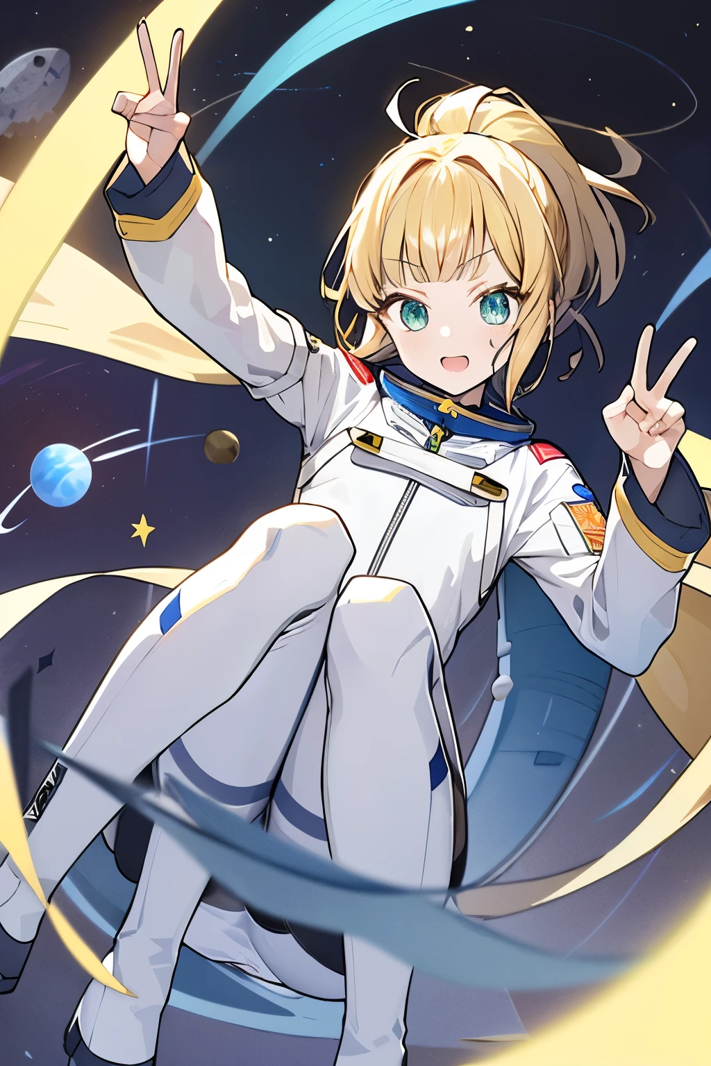 Astronautになったギャル, octans, 1 woman,Alone, Blonde, ponytail, Blunt bangs, green Eyes, Yellow eyelashes, Beautiful Girls in Anime, Clean small surfaces, 1 cute girl, Adult Gal、improve, 23 years old, null間, Planet,null間suit, blue eyes,star (null),scenery,Earth ( Planet),null間 helmet,Astronaut, boots,bangs, raise your arms , Long Sleeve ,floating,null,
