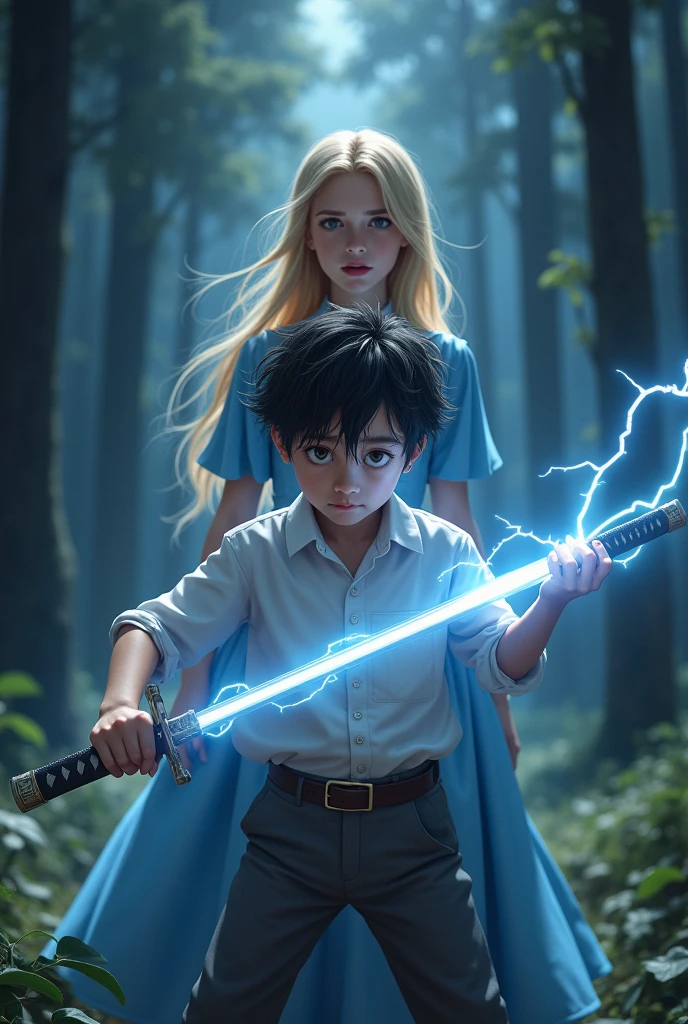 A dramatic, cinematic nighttime scene in a mysterious jungle, where a pair of 20-year-old twins, unexpectedly revealed as magical warriors, stand valiant and ready to face a pack of menacing wolf-like monsters. The twin brother, a charismatic hero, is dressed in his - a crisp half-sleeve shirt, a tie knotted neatly around his neck, and a pair of shorts with socks pulled up to his knees, an odd juxtaposition against the backdrop of the wild. His sister, equally fierce and nimble, wears a short-sleeved shirt and a mini skirt that allows for swift movement as she wields her magical red glowing bow, a quiver of arrows slung over her shoulder. The siblings' eyes are locked onto the snarling beasts that prowl around them, their gazes filled with determination and a hint of surprise. The brother, armed with a majestic blue glowing sword, holds it aloft, the blade casting eerie shadows and a comforting light in the surrounding darkness. The monsters, with fur bristling and eyes aglow with malicious intent, encircle the duo, their massive forms weaving in and out of the dense foliage. The air is thick with tension as the twins stand back to back, their trust in each other unshaken. The magical aura of their weapons illuminates the scene, creating an ethereal dance of light and shadow that pierces the inky blackness of the jungle night. The twins' school emblem, a symbol of knowledge and unity, gleams faintly on the brother's shirt, serving as a stark reminder of the world they left behind to embrace their extraordinary destinies. Despite the danger, there's a sense of unity and unyielding spirit between them, hinting at the deep bond that fuels their courage. The scene is framed with an overhanging canopy of leaves, the moon peeking through to cast a silvery glow on the battle about to unfold, as the twins prepare to unleash their arcane powers to protect their realm from the encroaching horrors of the night.