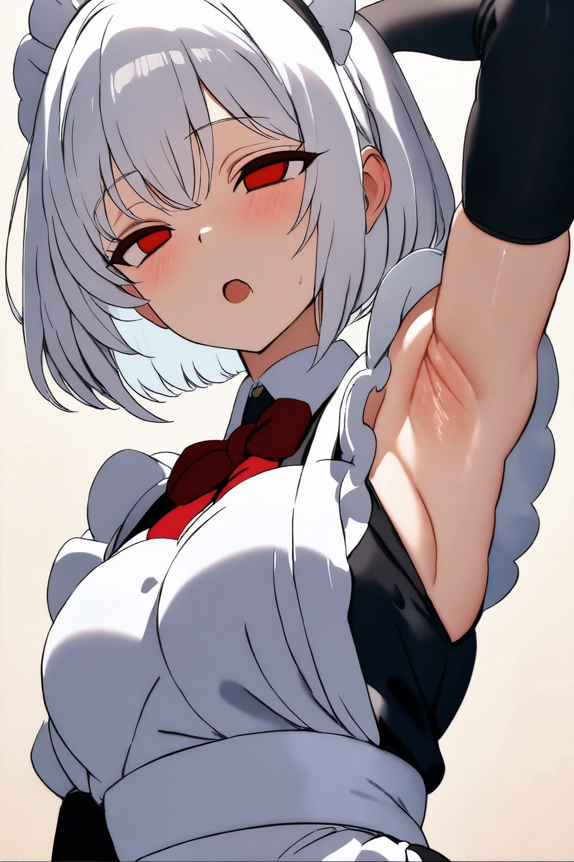 (masterprice, HDR, 2k, High Resolution) 1girl, bob cut, white hair, hypnotized expression, lazy expression, simple background, white appron, maid, short sleeveless, arm up, side armpits, armpits focus, more focus armpits, zoom armpits, very detailed armpits, armpit crease, armpits detailed, shiny armpits, hot armpits, very hot armpits, detailed skin, anime art, Anime Style, Anime, Simple background.