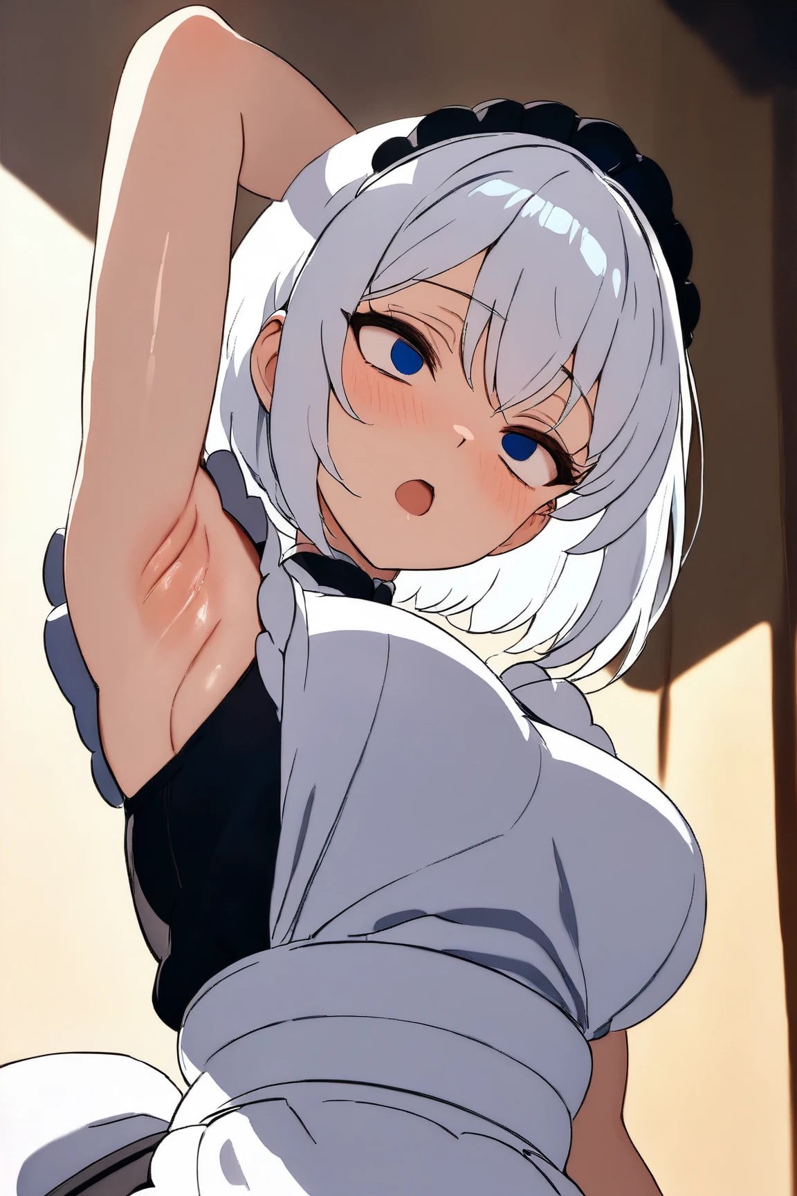 (masterprice, HDR, 2k, High Resolution) 1girl, bob cut, white hair, hypnotized expression, lazy expression, simple background, white appron, maid, short sleeveless, arm up, side armpits, armpits focus, more focus armpits, zoom armpits, very detailed armpits, armpit crease, armpits detailed, shiny armpits, hot armpits, very hot armpits, detailed skin, anime art, Anime Style, Anime, Simple background.