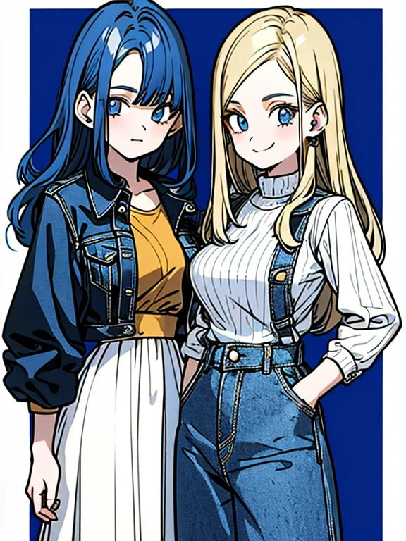 Two  women. Bluesky (8k) . Whitebackground  . Selfee. Standing. Denim . Longhair .American. 