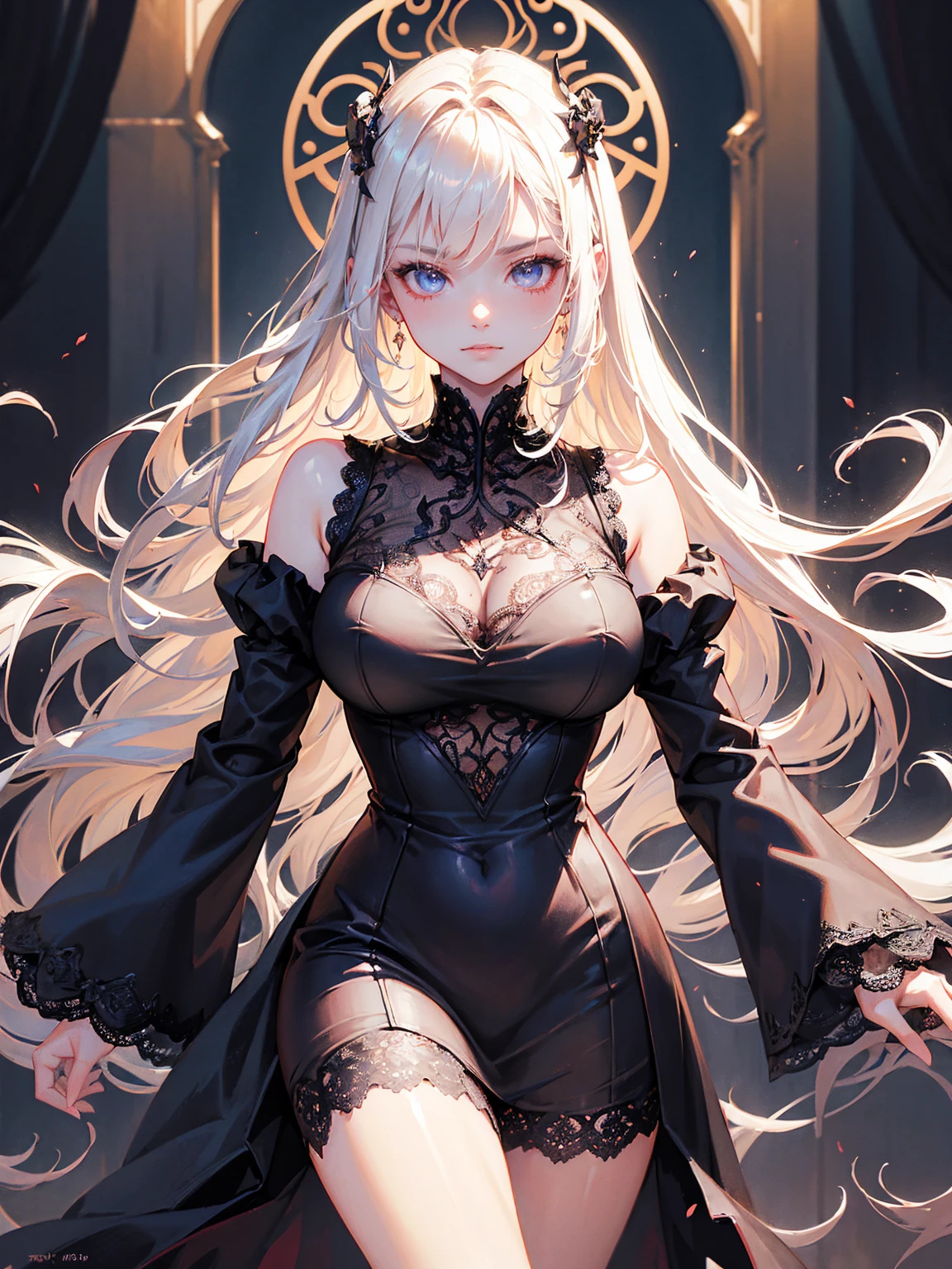 masterpiece,best quality,extremely detailed CG,ultra-detailed,1woman,vampire lady,seductive evil smile,elaborately designed dress,leaning to the side,sexy makeup,yellow eyes,skinny,small breast,open stance,white hair,