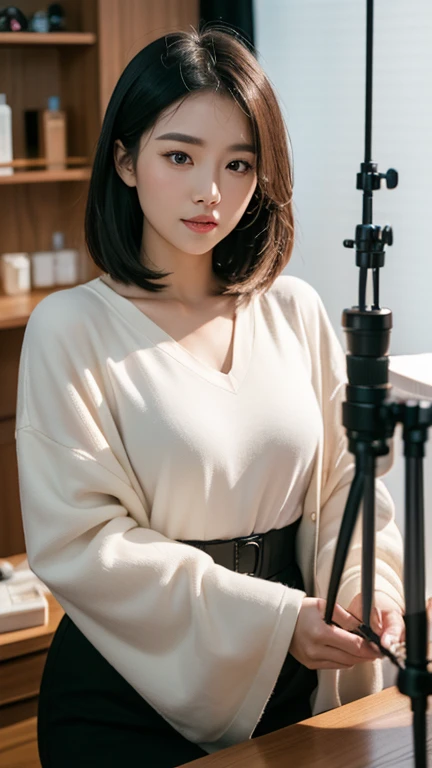 alone、Natural body shape、White skin、Natural Makeup、Black Hair、bangs、Straight Long Hair、、(expensive 、Beige long sleeve cardigan、White blouse、blue plaid pleated skirt)、、(Big Breasts:1.3)、((The upper body is wearing a uniform))、(((((Looking at the camera)))))、(((Head to knee portrait)))、(((Exposing your thighs)))、Bedroom、On the bed、Sitting、((Focus on the crotch))