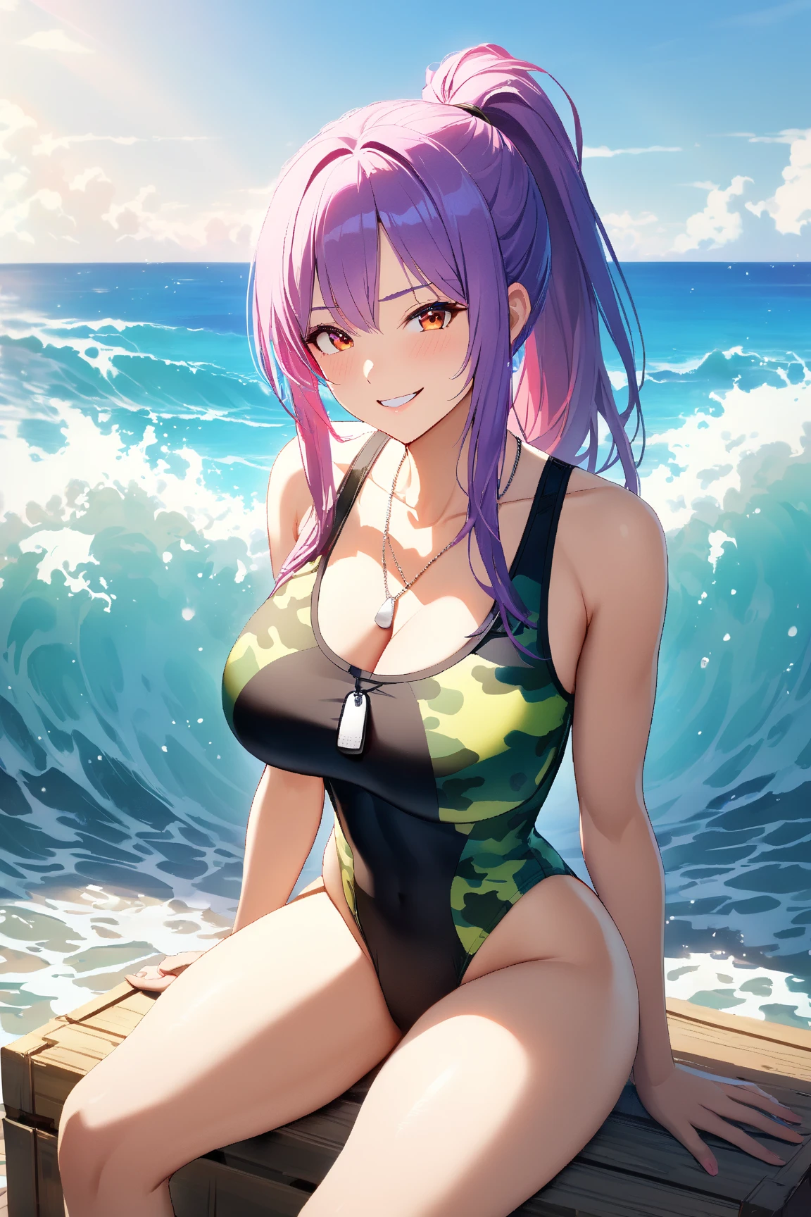 Shot on the beach,Photograph the whole body,Nagisa Kubo, One girl,Purple Hair,Purple eyes,Medium Hair,Short ponytail,Big Breasts,Cleavage,Show your vagina,Black competitive swimsuit,Adidas Logo