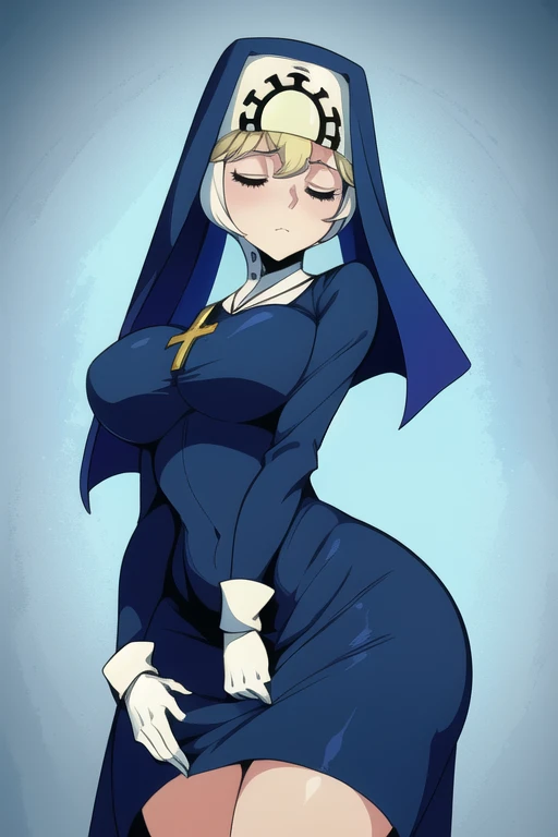 Double, short blonde hair, nun uniform, medium breasts, solo, 1girl, worried look, cowboy shot, closed eyes, 
 blue habit, cross necklace ,white gloves, long sleeves, nun, long skirt
(insanely detailed, beautiful detailed face,beautiful detailed eyes, masterpiece, best quality) standing, groin, touching groin, hurting groin 