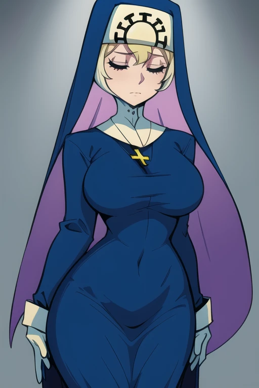 Double, short blonde hair, nun uniform, medium breasts, solo, 1girl, worried look, cowboy shot, closed eyes, 
 blue habit, cross necklace ,white gloves, long sleeves, nun, long skirt
(insanely detailed, beautiful detailed face,beautiful detailed eyes, masterpiece, best quality) standing, groin, touching groin, hurting groin 