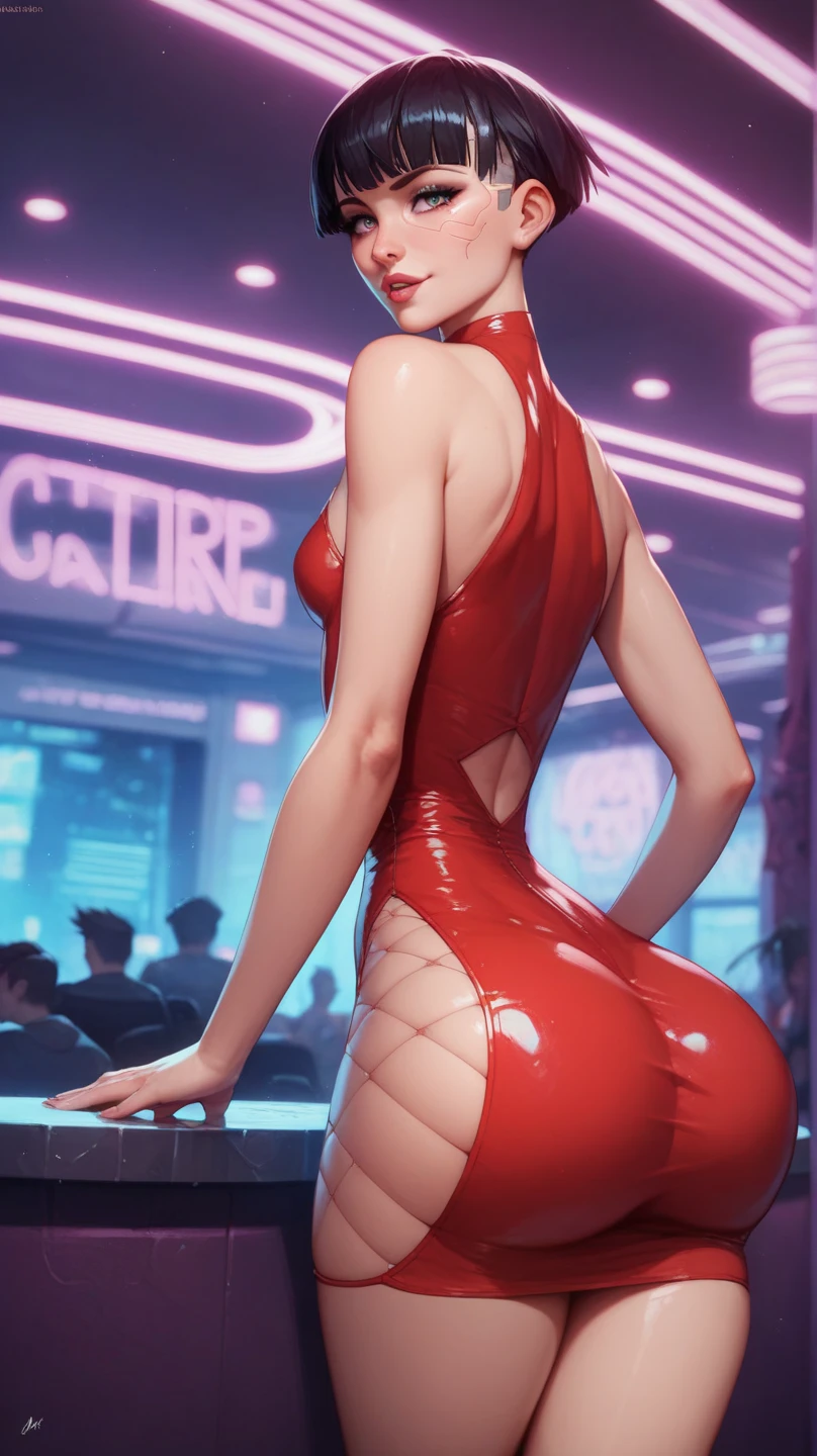 big big ass, dancing in a pole dance, totally naked, red tight long dress