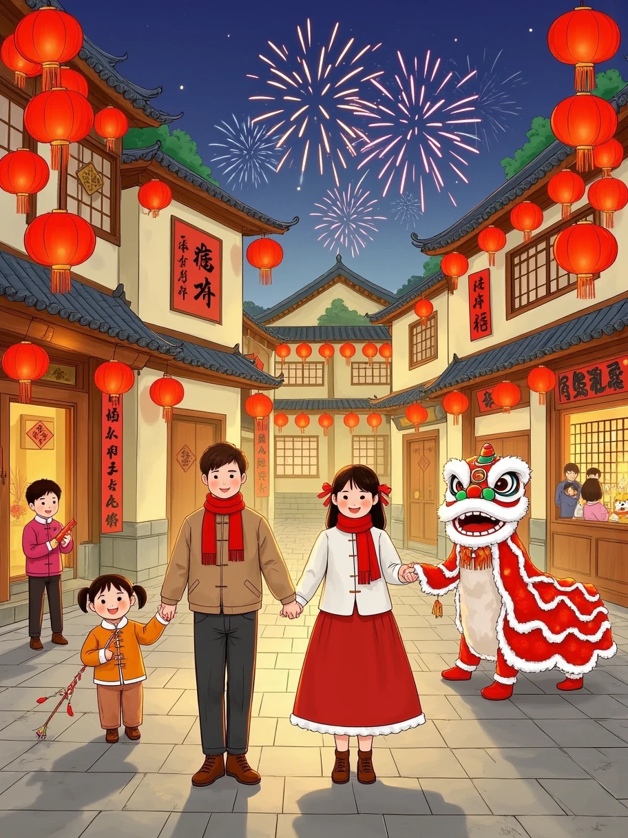 In a vector style illustration, ，描绘了一个乡村的Spring Festival集市，Spring Festival， Young Couples ，Traditional Streets ，Red Lantern，Fashion，Red Scarves ，hat，firecracker，smoke， Balloon Stalls ，bunny balloon，square， Lion Dance，Sound of gongs and drums ，fireworks，Make a Wish，Ancient buildings，couplet，Lucky characters，Window paper-cuts，romantic，happiness， Innocent Fun ， The whole picture is full of serenity and joy ，体现了中国乡村Spring Festival的祥和与热闹， perfectly blends traditional and modern vector styles， shows the unique charm of the Chinese Lunar New Year 